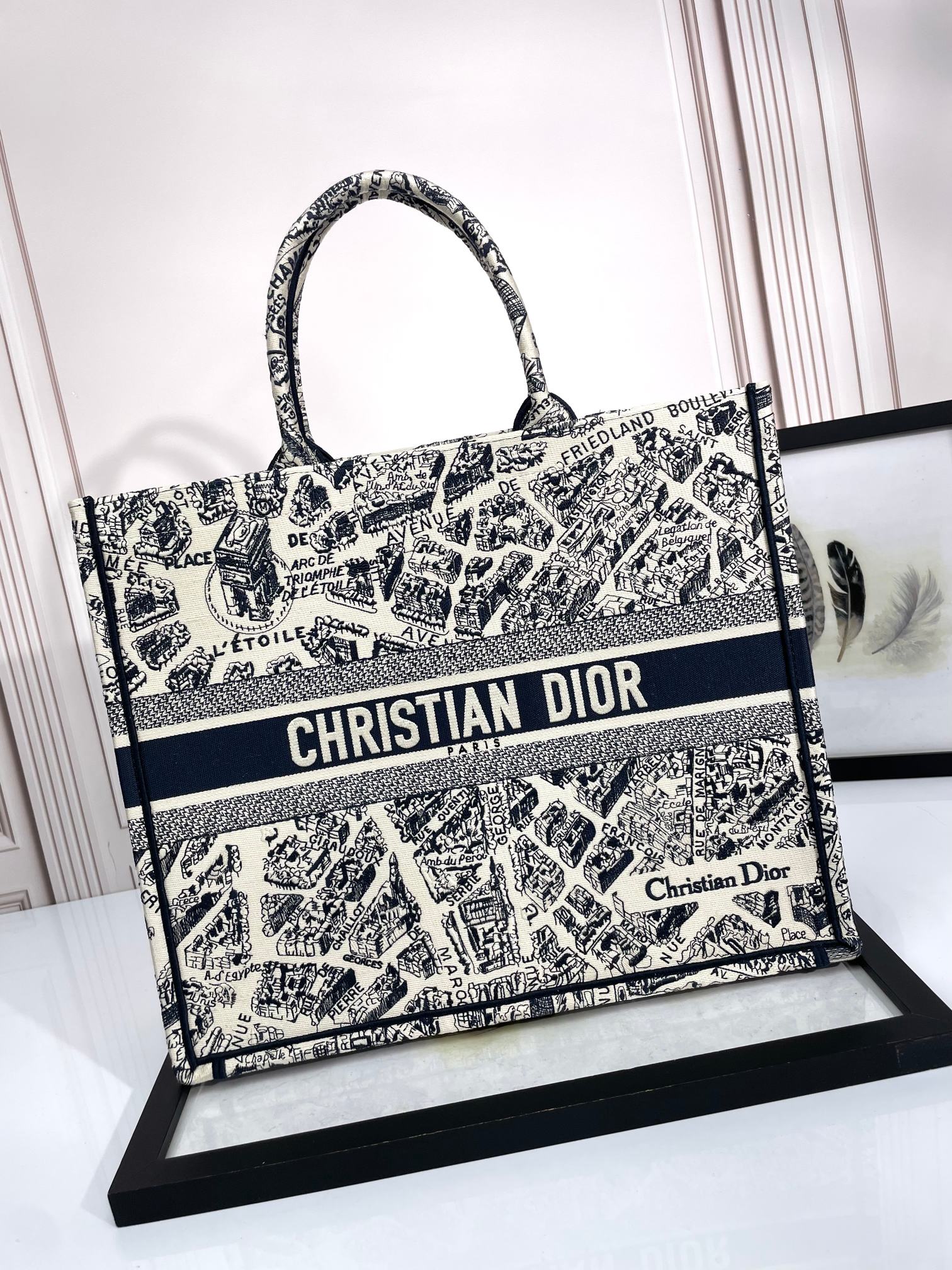 Dior Monochrome City Map Sketch Canvas Tote Handbag with Top Handles