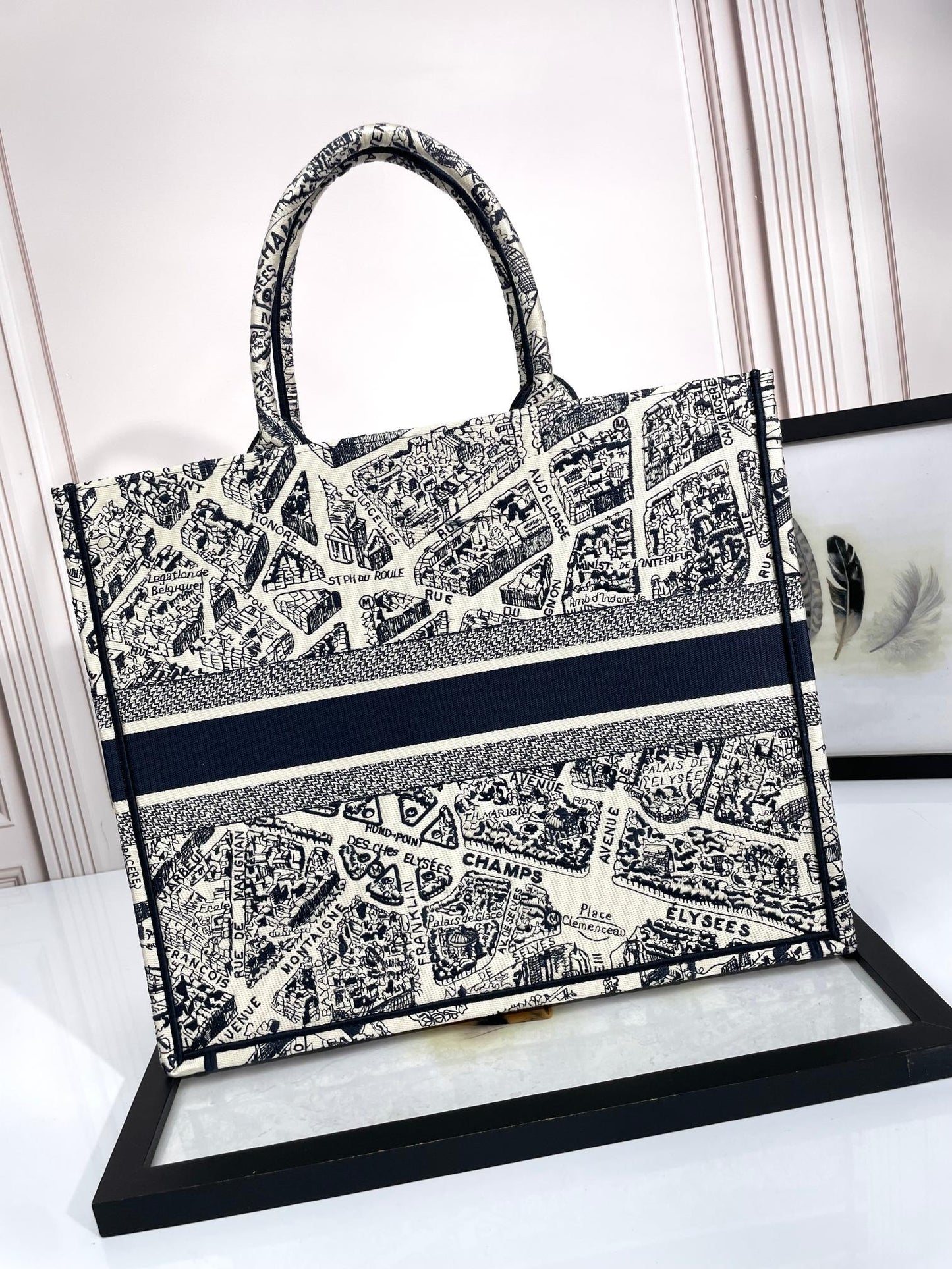 Dior Monochrome City Map Sketch Canvas Tote Handbag with Top Handles