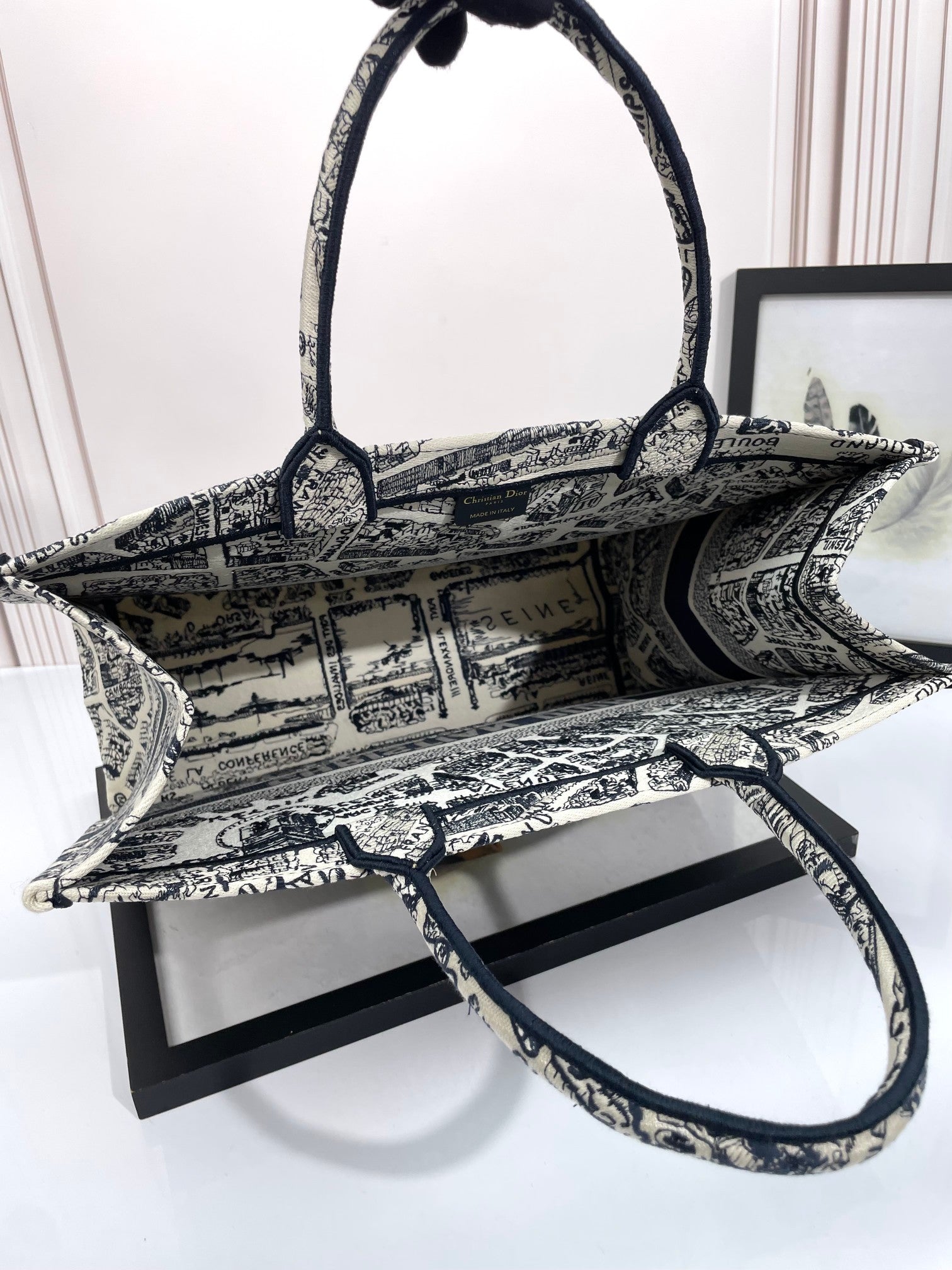 Dior Monochrome City Map Sketch Canvas Tote Handbag with Top Handles