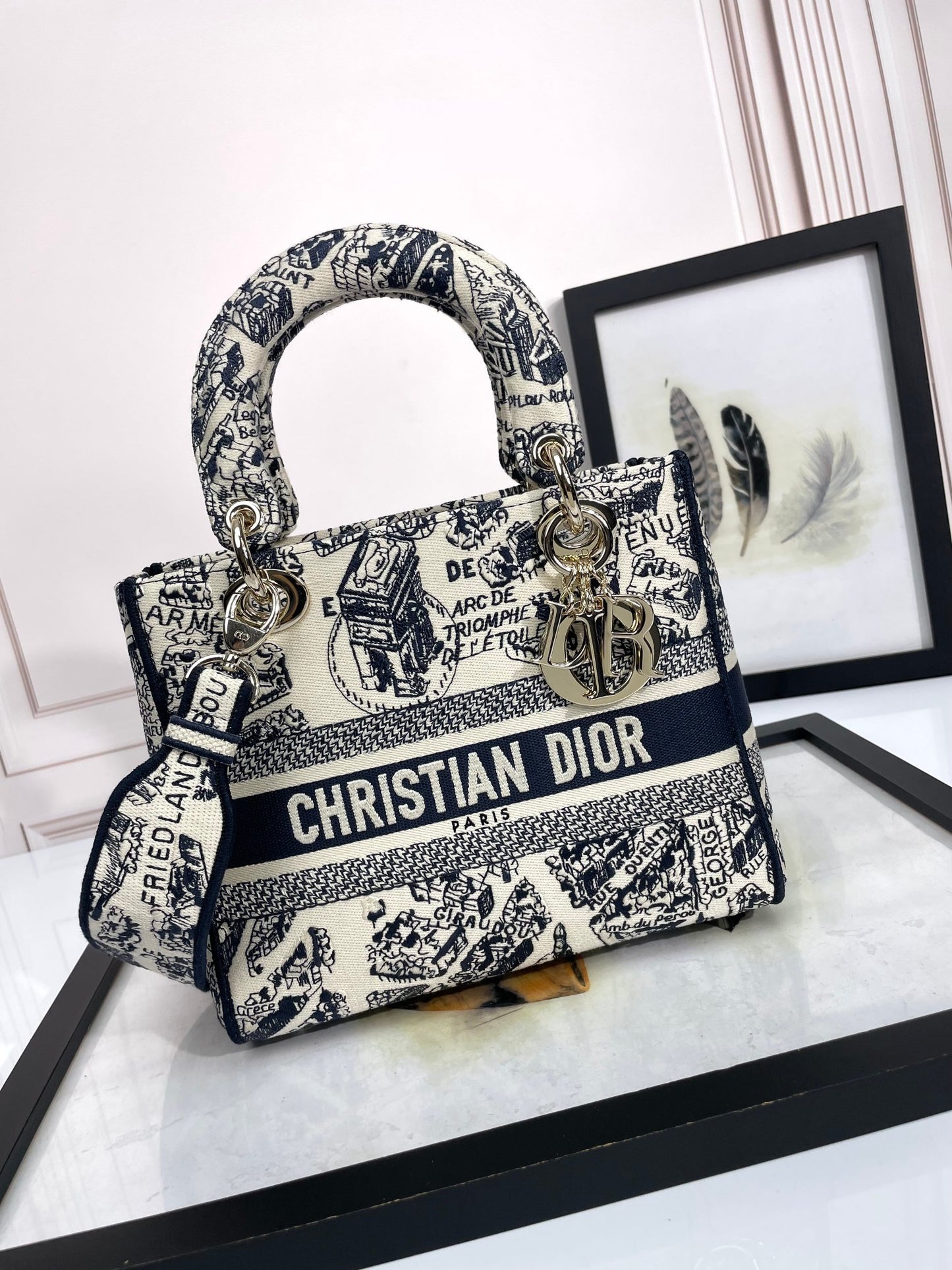 Dior Black and White Toile Print Canvas Top Handle Shoulder Bag