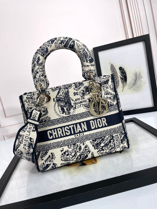 Dior Black and White Embroidered Canvas Handbag with Shoulder Strap