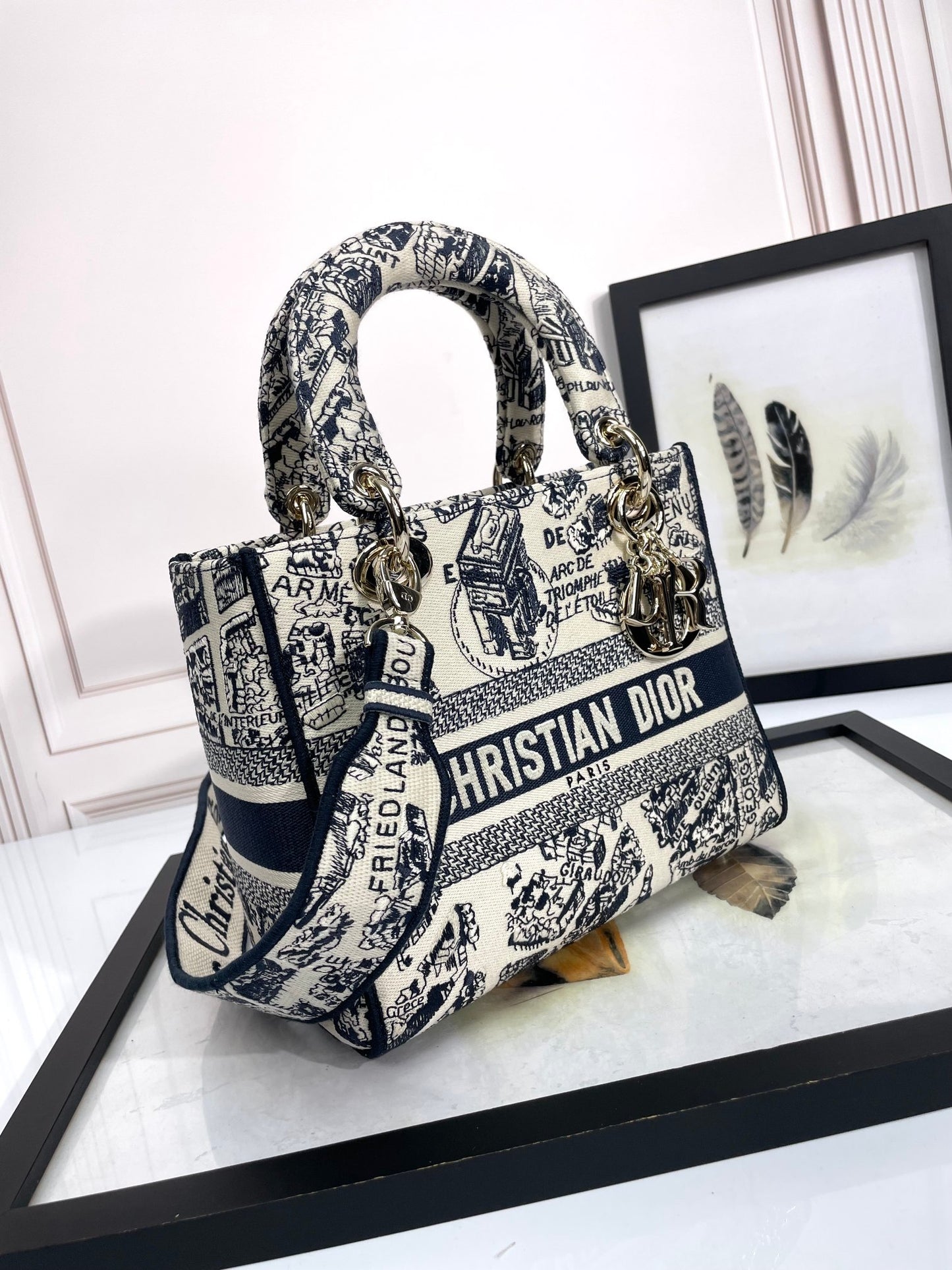 Dior Embroidered Toile Tapestry Canvas Top Handle Bag with Strap