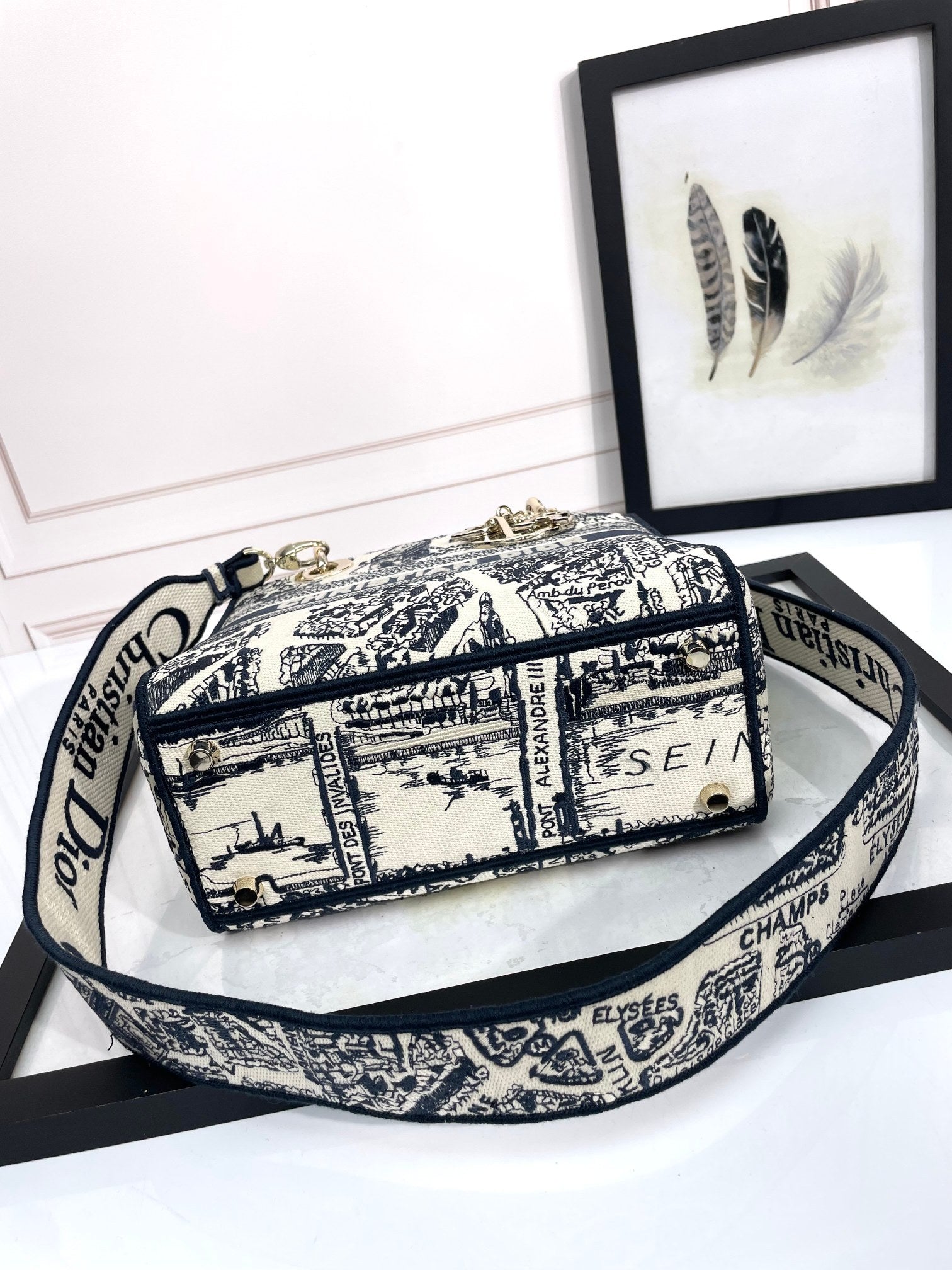 Dior Vintage Toile Print Canvas Top Handle Bag with Shoulder Strap
