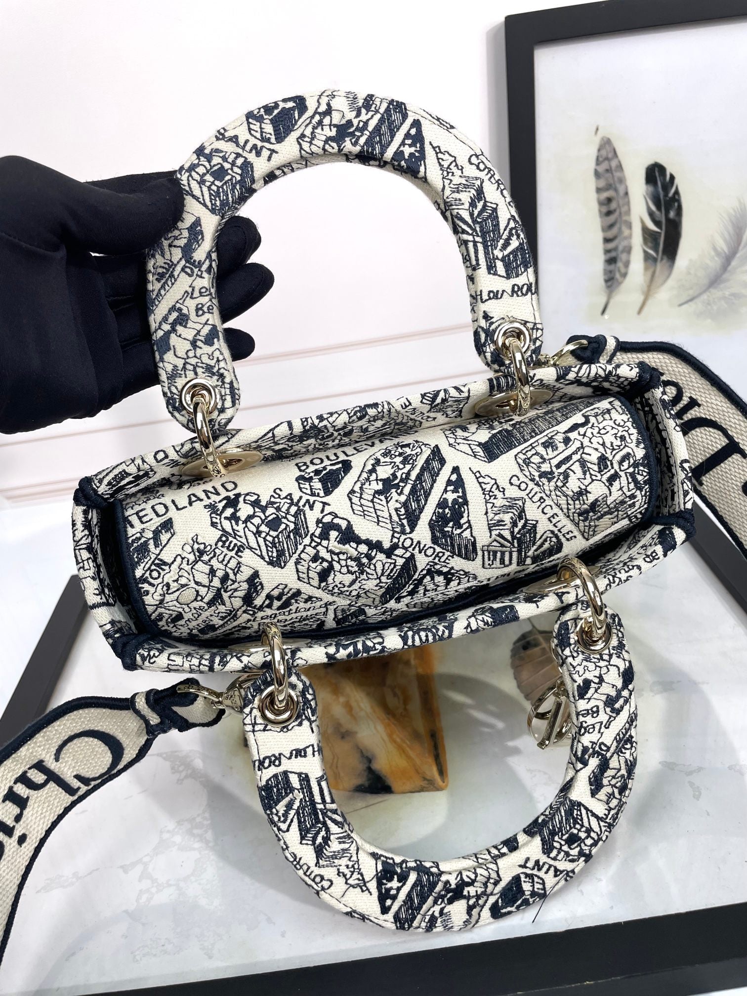 Dior Black and White Toile Print Canvas Top Handle Shoulder Bag