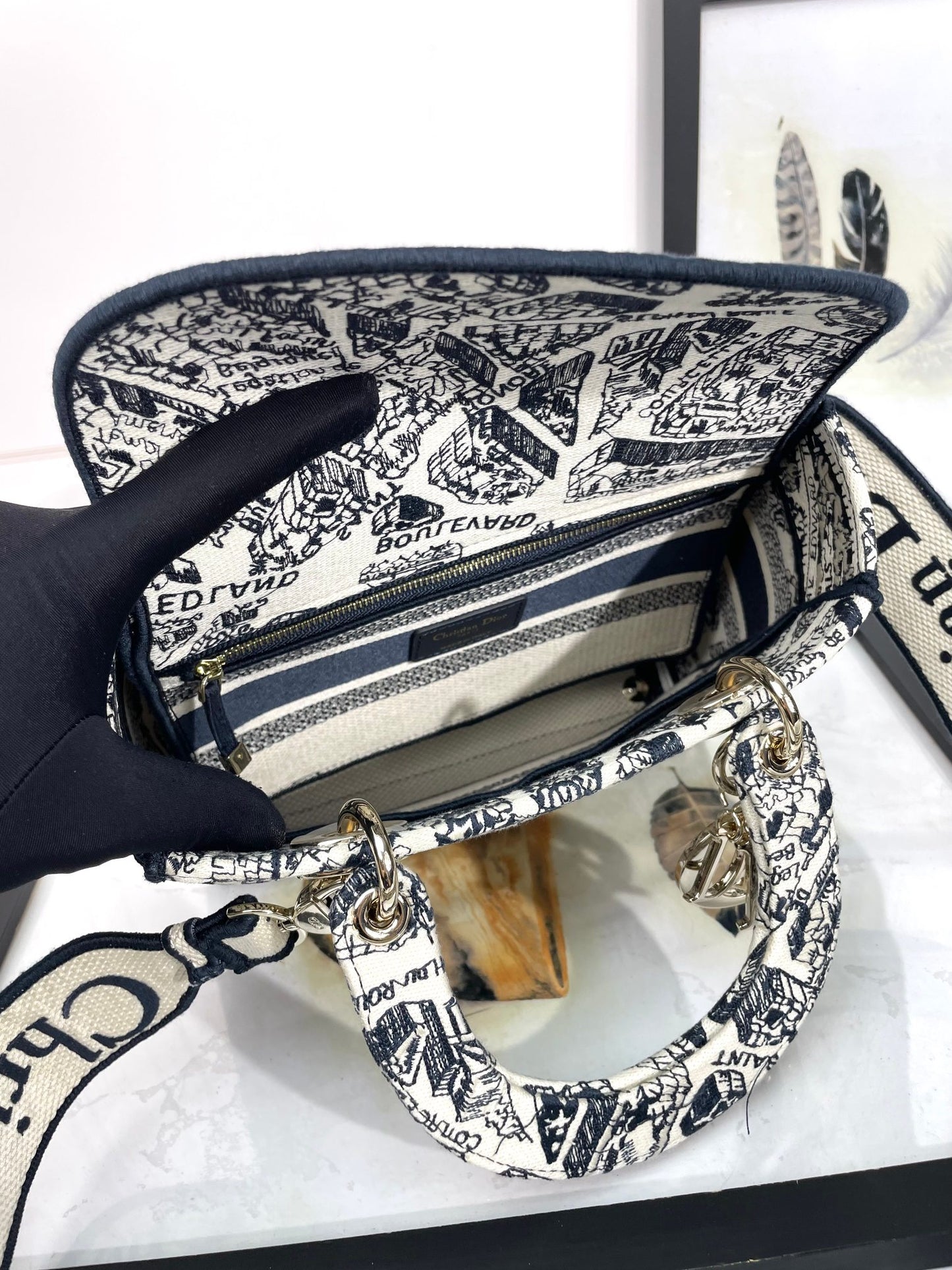 Dior Vintage Toile Print Canvas Top Handle Bag with Shoulder Strap
