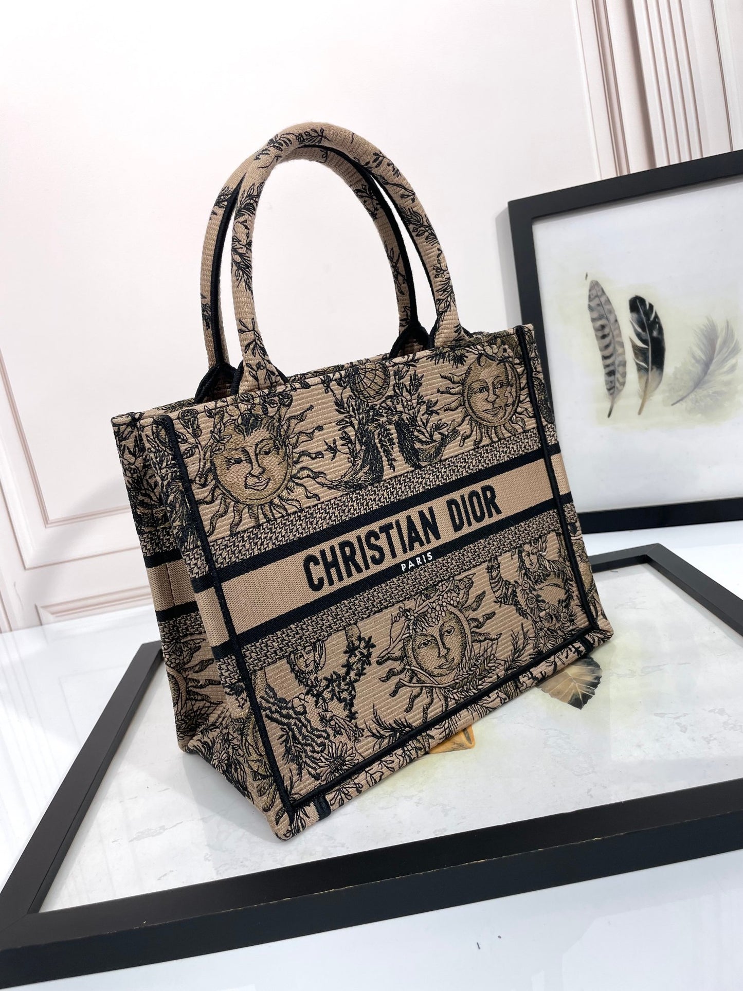 Dior Vintage Sun Face Print Canvas Tote Bag Beige Top Handle Handbag