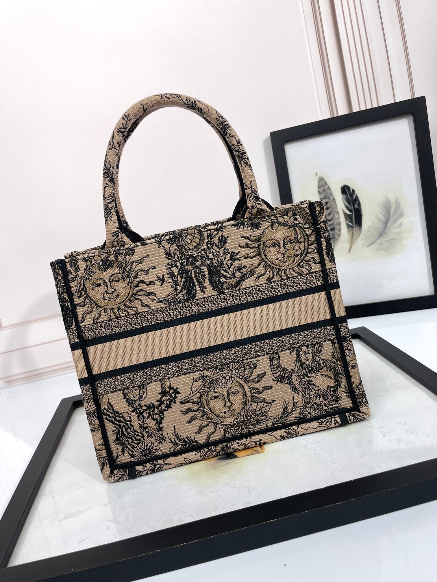 Dior Beige Vintage Celestial Sun Embroidered Canvas Tote Bag