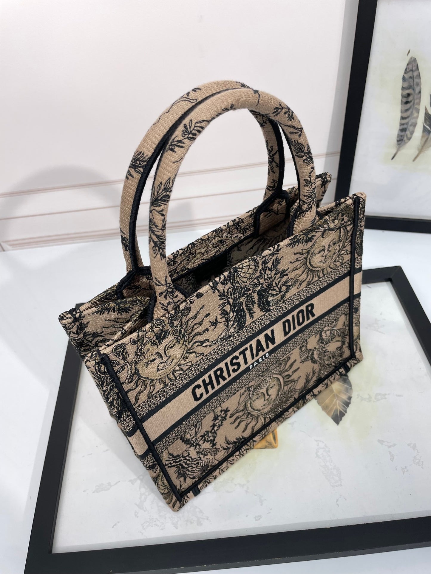 Dior Beige Vintage Celestial Sun Embroidered Canvas Tote Bag