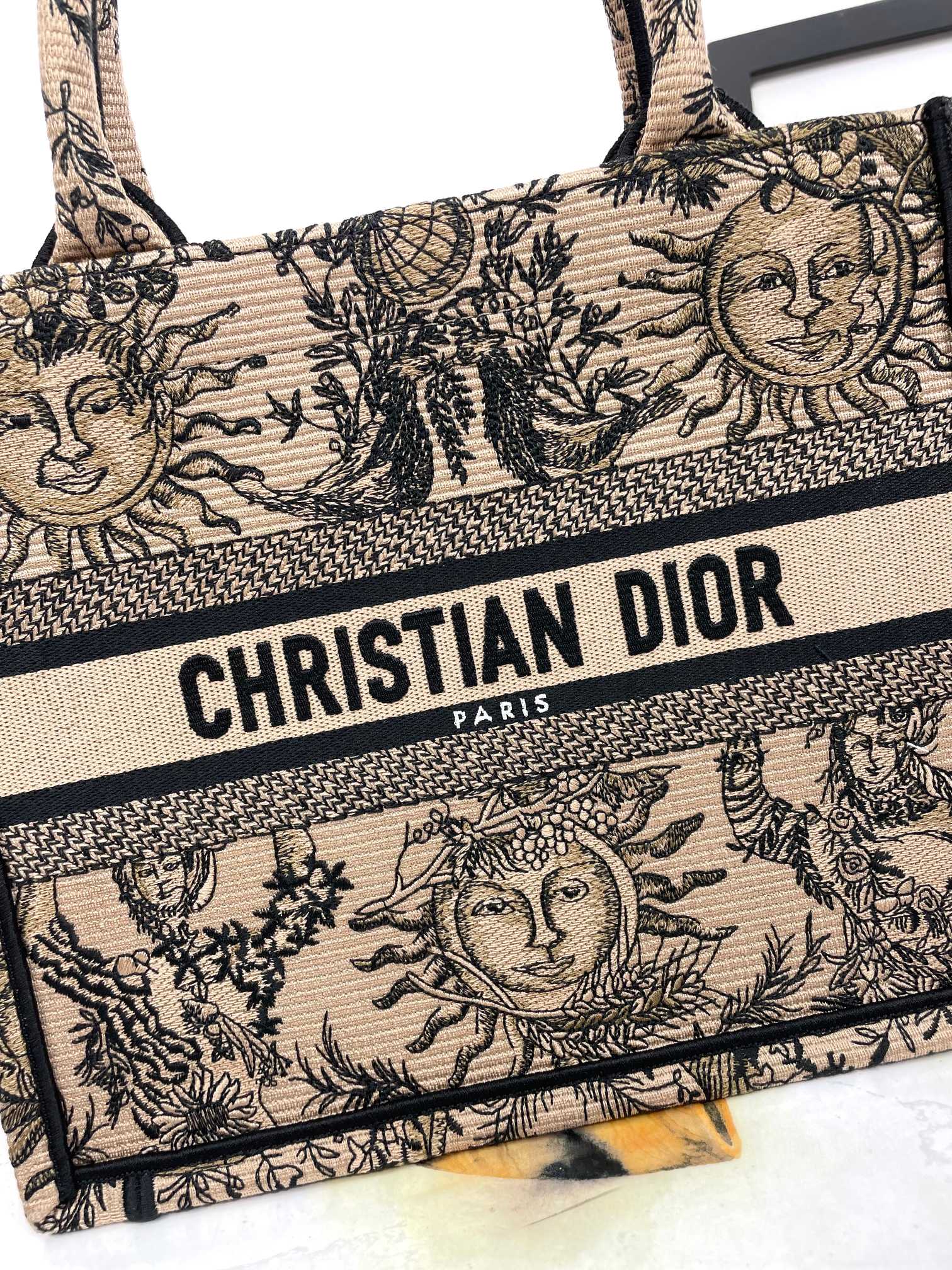 Dior Beige Vintage Celestial Sun Embroidered Canvas Tote Bag
