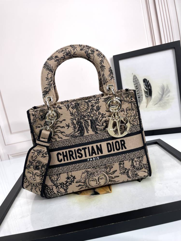 Christian Dior Medium Lady D-Lite Bag - Beige Embroidered Canvas with Constellation Print