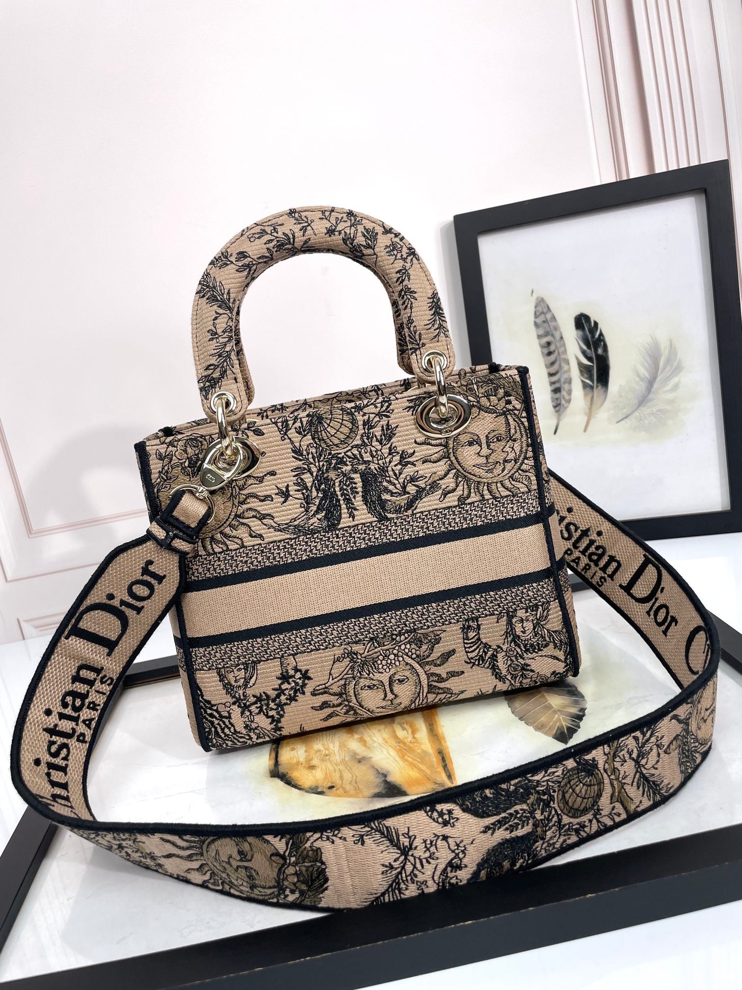 Dior Vintage Celestial Embroidered Canvas Top Handle Shoulder Bag