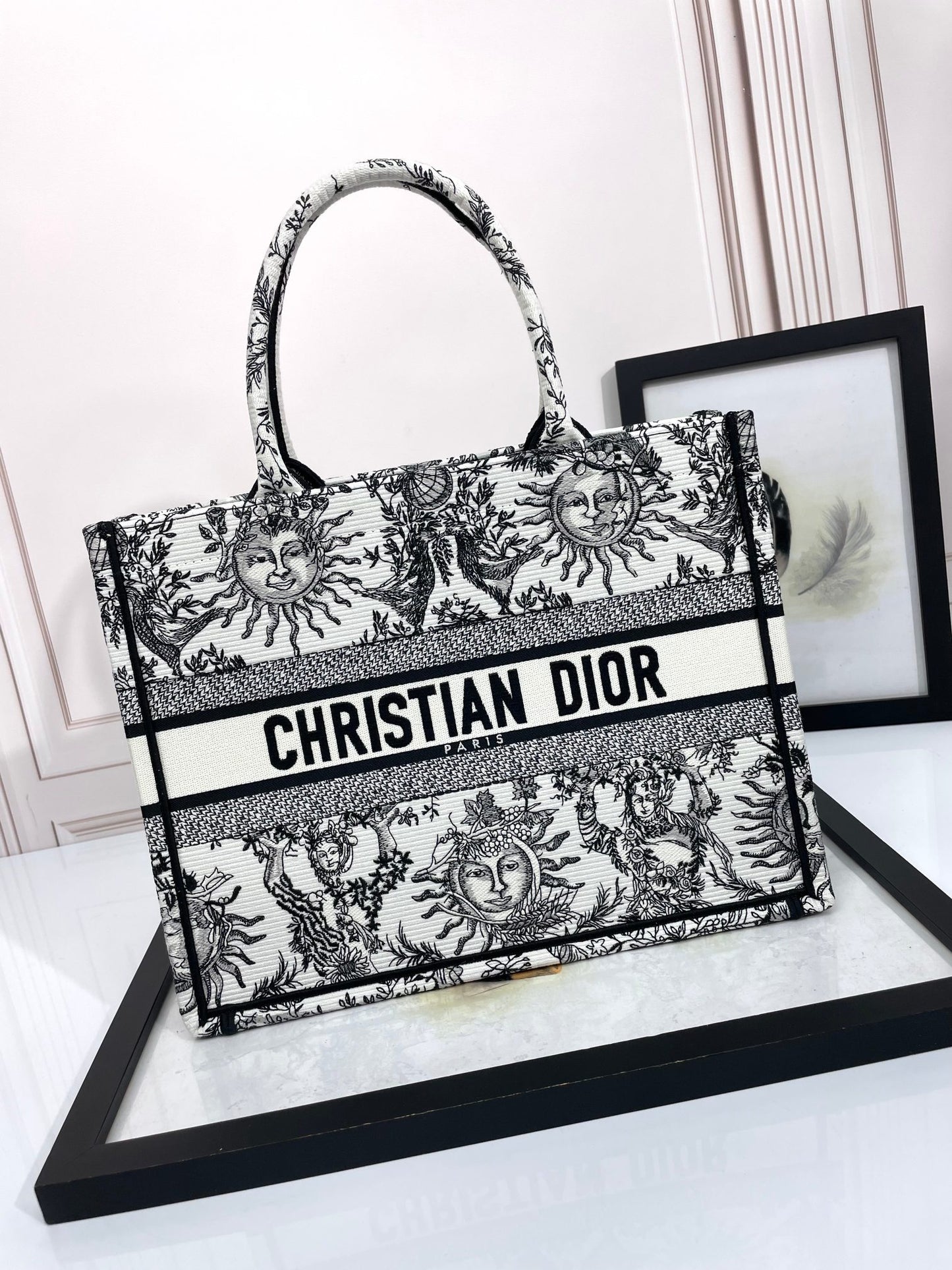 Dior Black and White Celestial Sun Embroidered Canvas Tote Bag