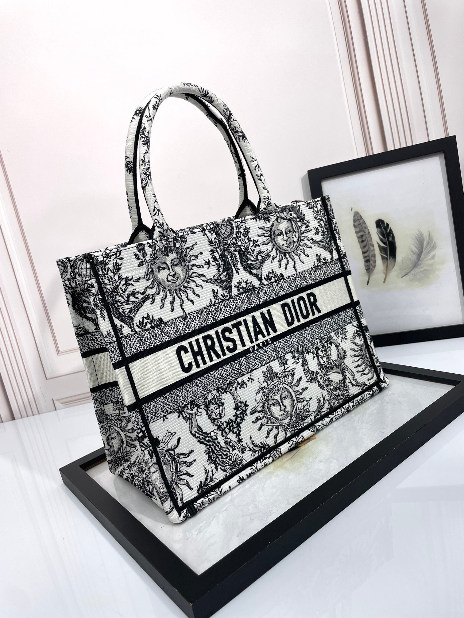 Dior Black and White Celestial Sun Embroidered Canvas Tote Bag