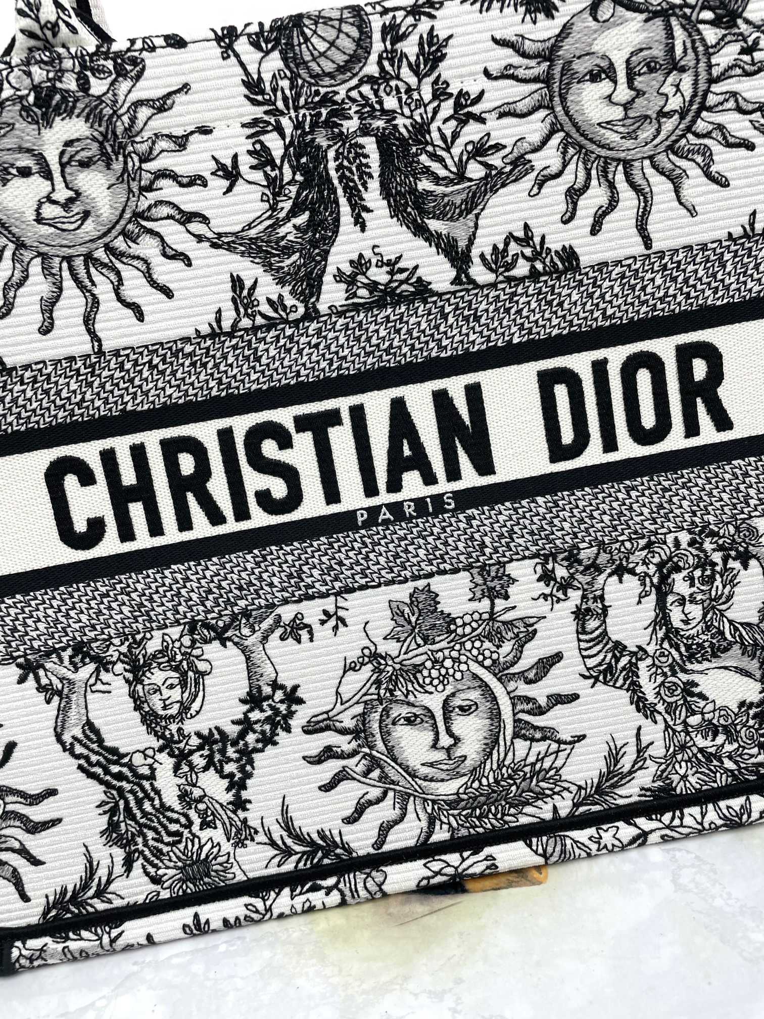 Dior Black and White Celestial Sun Embroidered Canvas Tote Bag