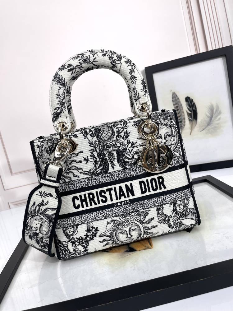 Dior Black and White Zodiac Embroidered Canvas Top Handle Bag