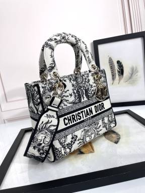 Dior Black and White Zodiac Embroidered Canvas Top Handle Bag