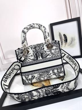 Dior Black and White Embroidered Sun Moon Motif Canvas Top Handle Bag