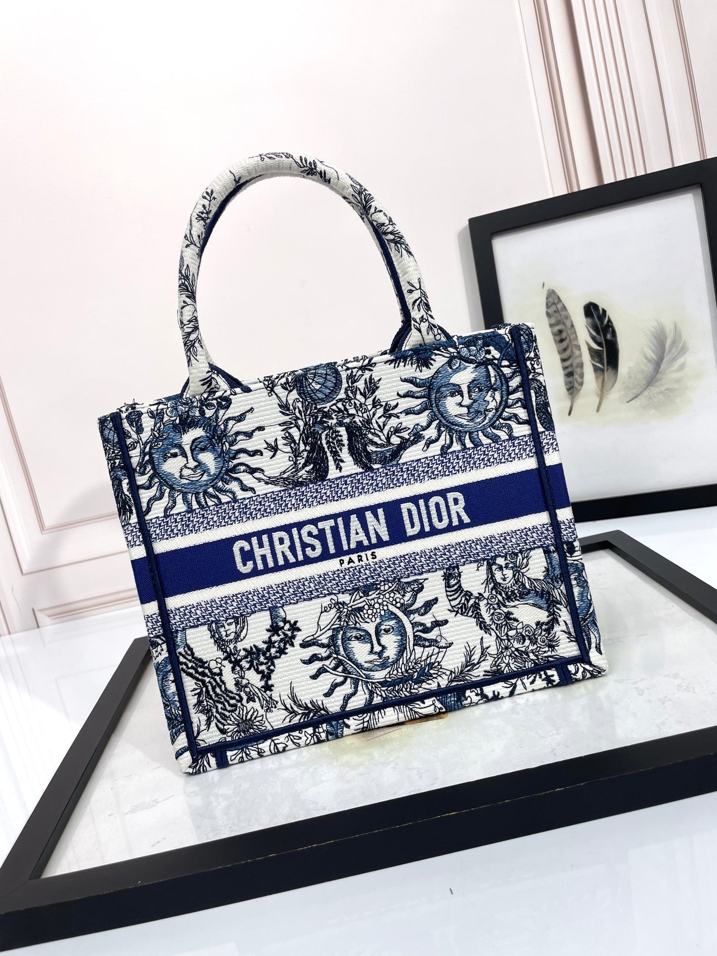 Dior Vintage Blue and White Celestial Sun Embroidered Canvas Tote Bag