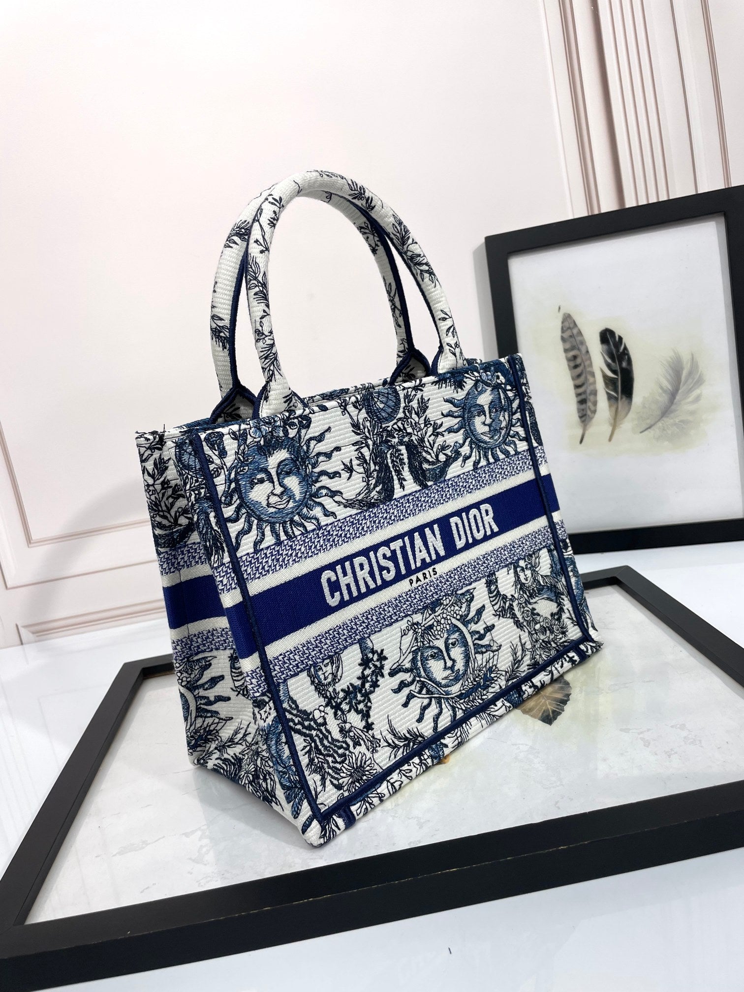Dior Vintage Blue and White Celestial Sun Embroidered Canvas Tote Bag