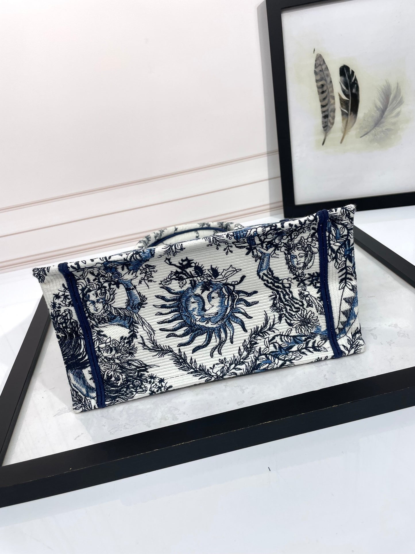 Dior Vintage Blue and White Celestial Sun Embroidered Canvas Tote Bag