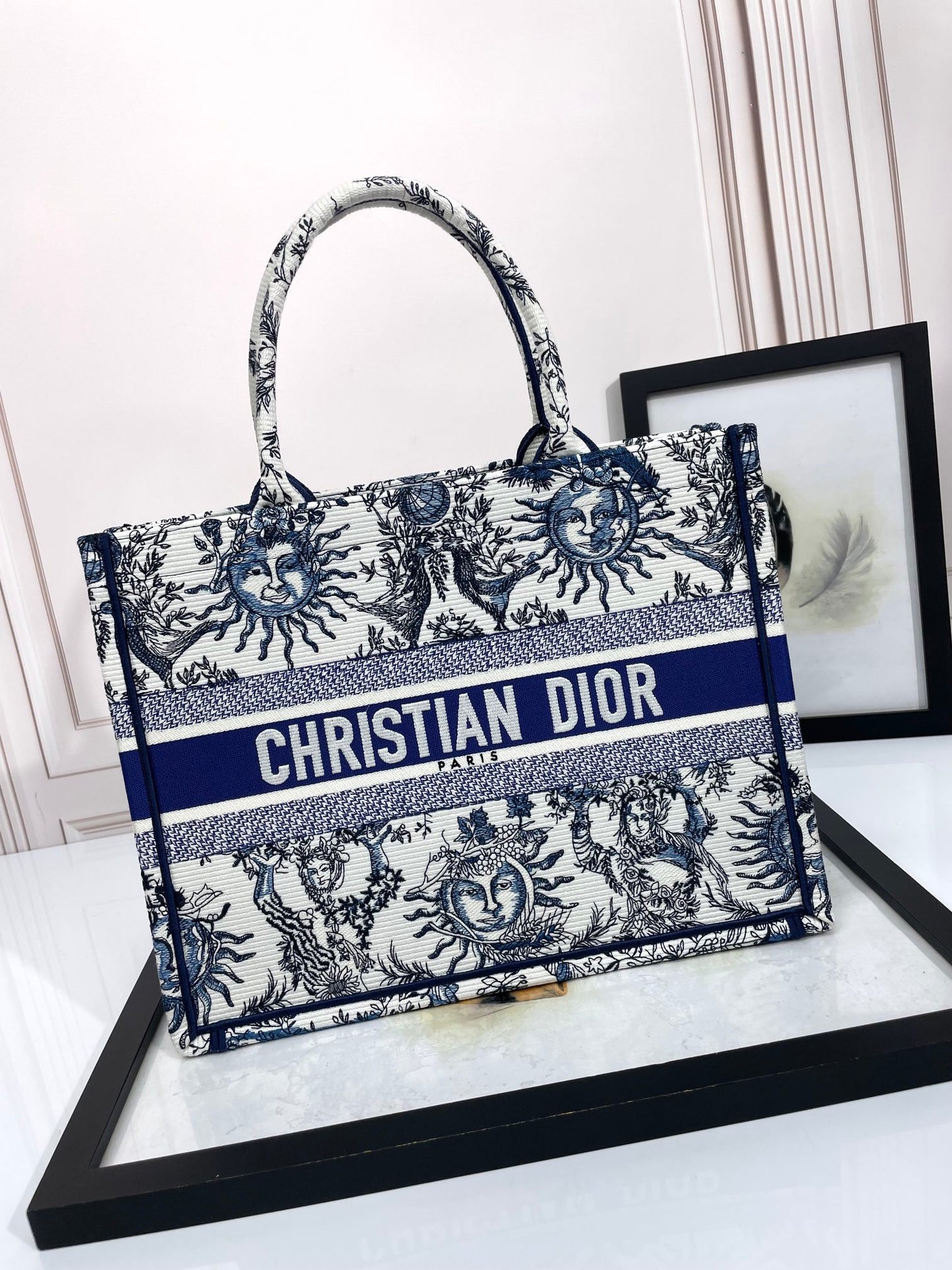 Christian Dior Large Book Tote - Toile de Jouy Soleil Blue and White Embroidery