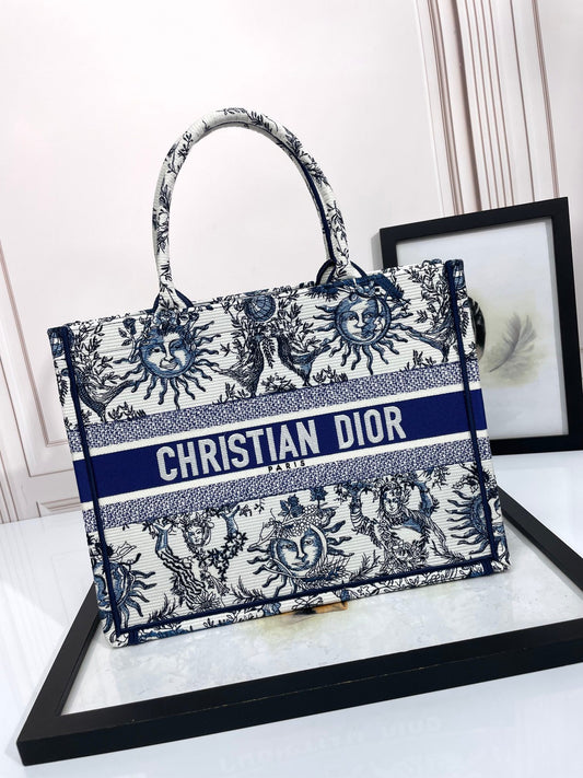 Dior Blue and White Celestial Sun Embroidered Canvas Tote Bag