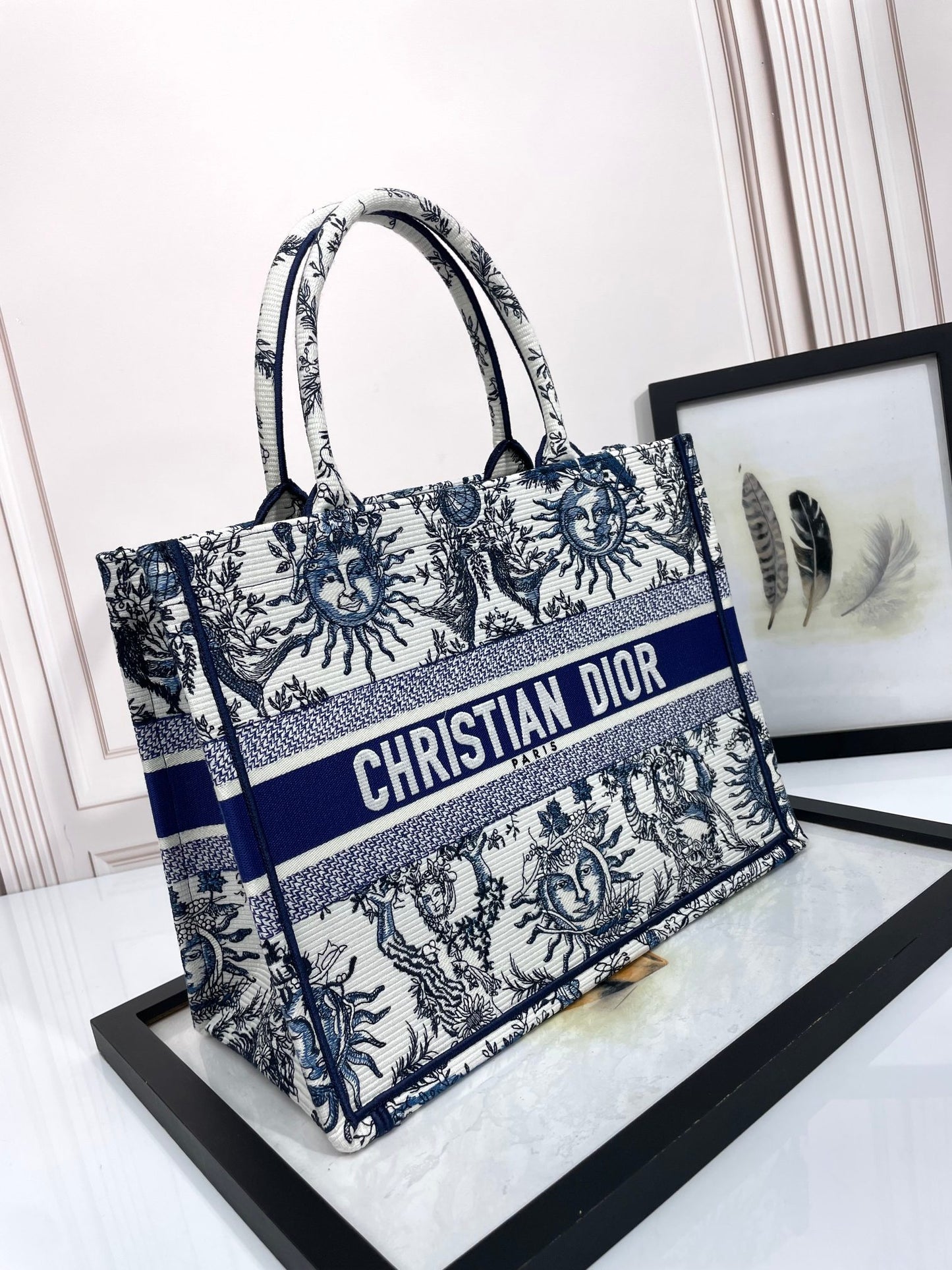 Dior Blue Celestial Sun Embroidered Canvas Top Handle Tote Bag