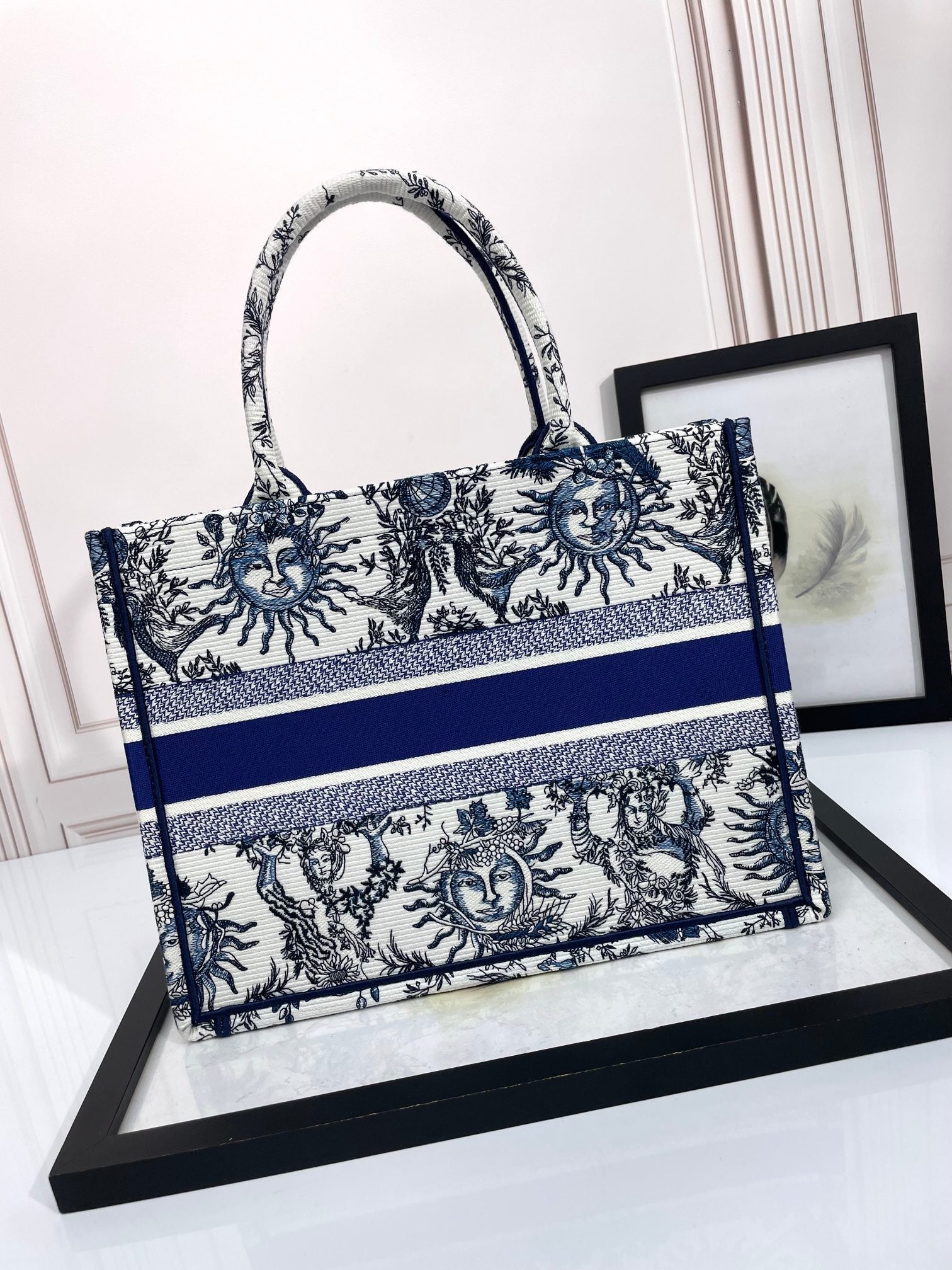 Dior Blue Celestial Sun Embroidered Canvas Top Handle Tote Bag
