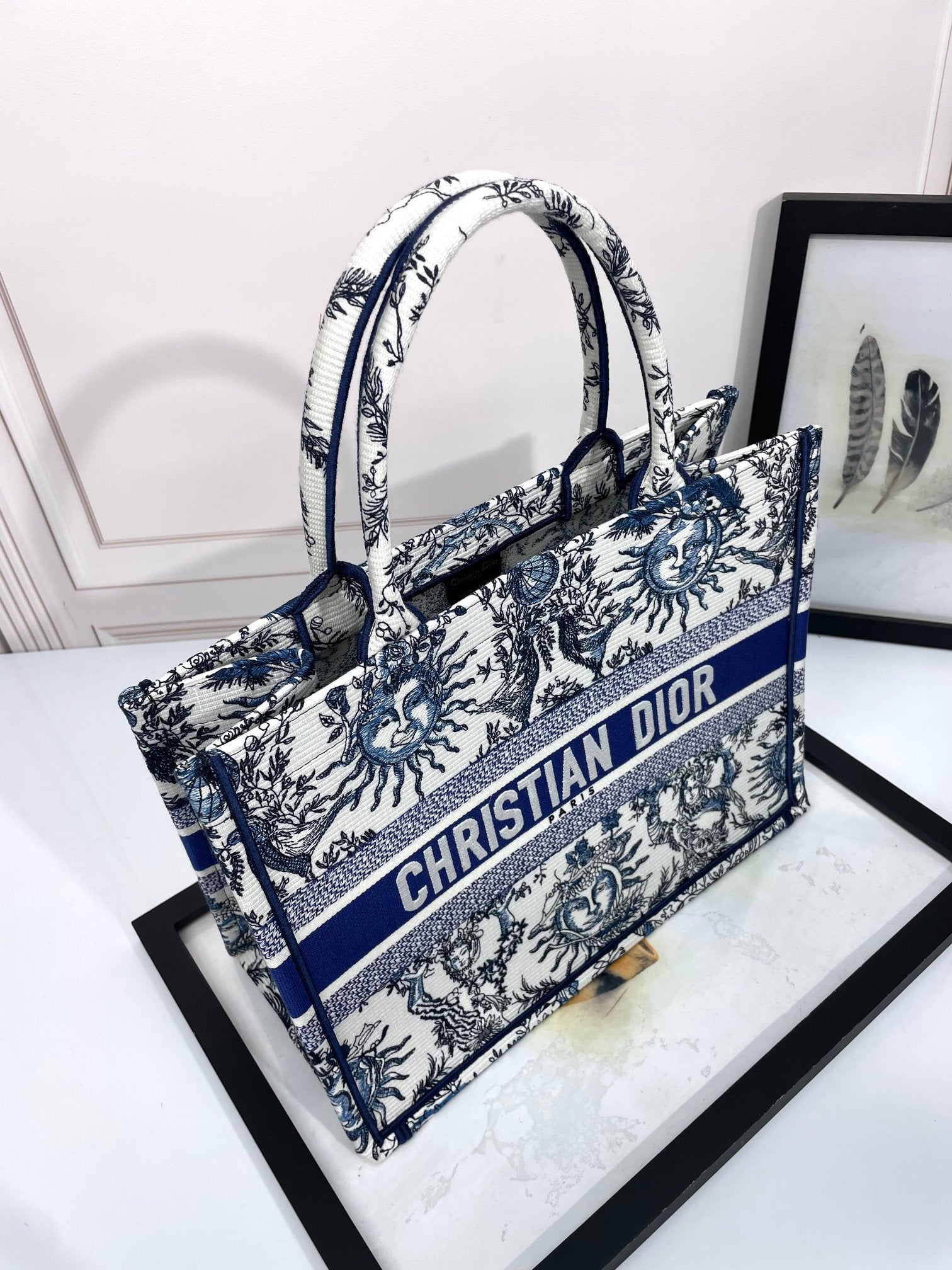 Dior Blue and White Celestial Sun Embroidered Canvas Tote Bag
