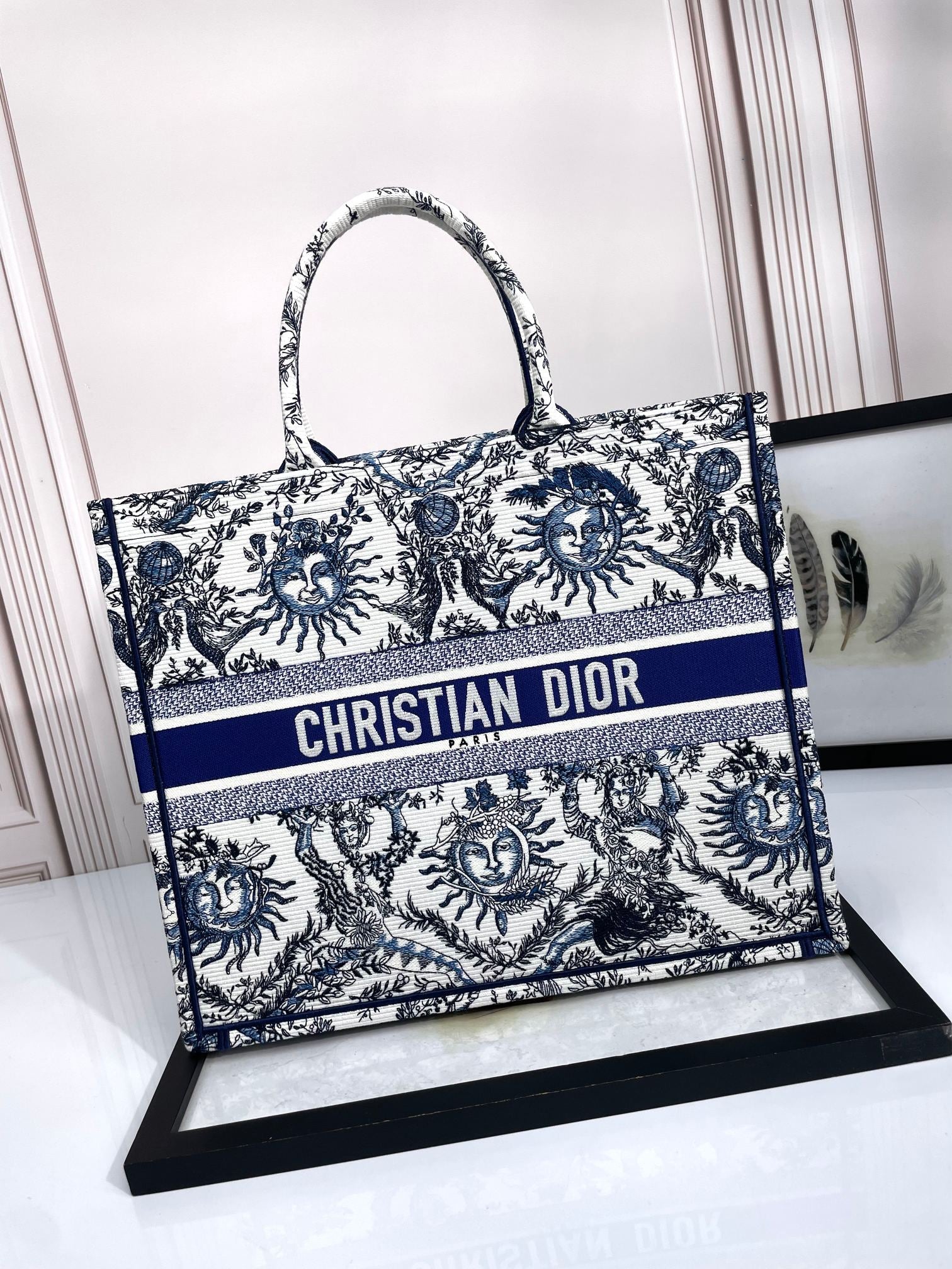 Dior Vintage Blue and White Celestial Sun Print Canvas Tote Handbag