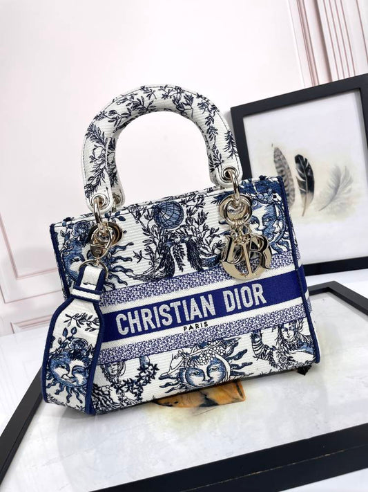 Dior Vintage Blue and White Embroidered Top Handle Satchel Bag