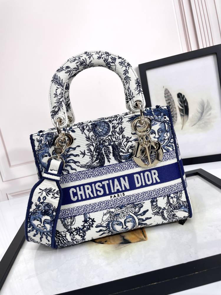 Dior Blue and White Floral Embroidered Canvas Top Handle Handbag