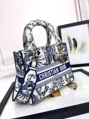 Dior Blue and White Floral Embroidered Canvas Top Handle Handbag