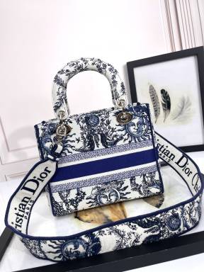 Dior Blue and White Floral Embroidered Canvas Top Handle Handbag