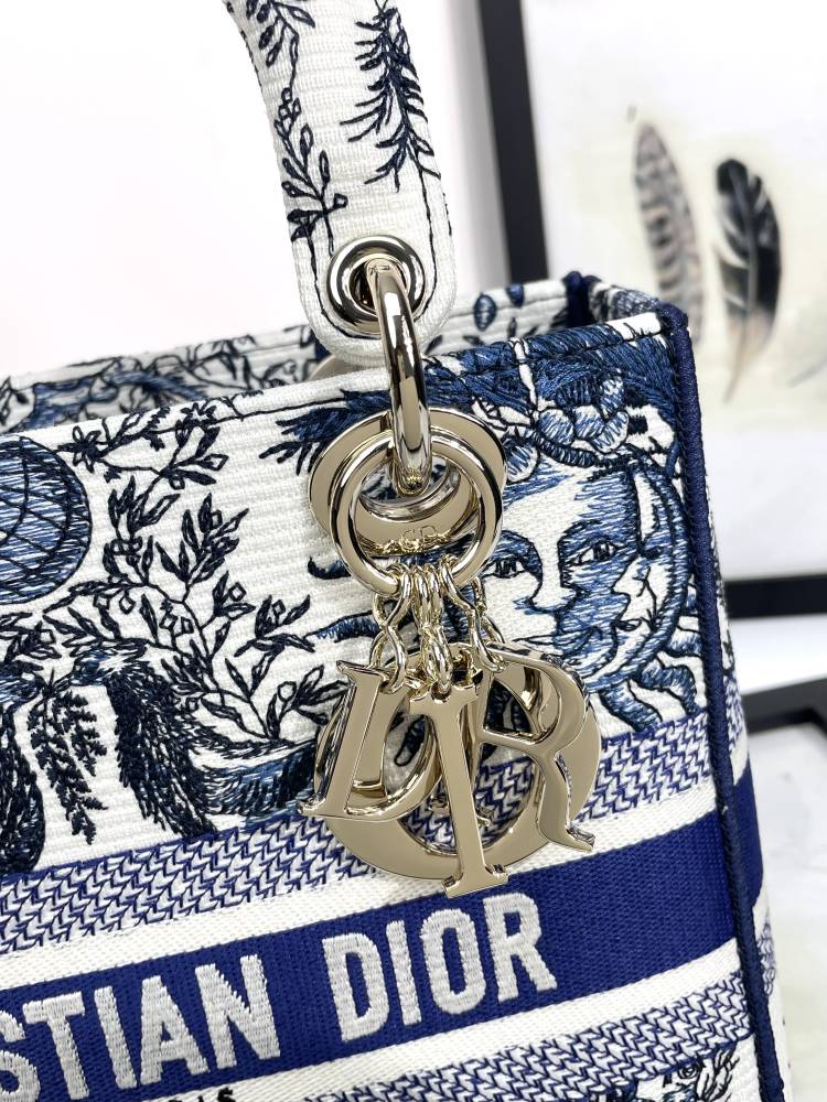 Dior Vintage Blue and White Embroidered Top Handle Satchel Bag