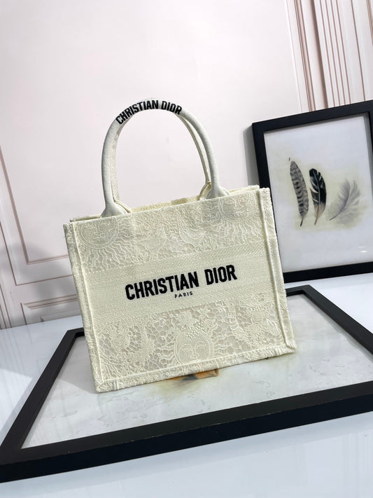 Dior Elegant Cream Floral Embroidered Canvas Handheld Tote Bag