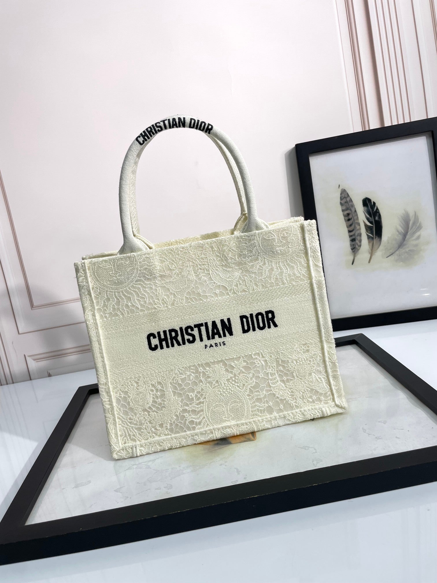Dior Cream Floral Embroidered Canvas Tote Bag with Top Handles