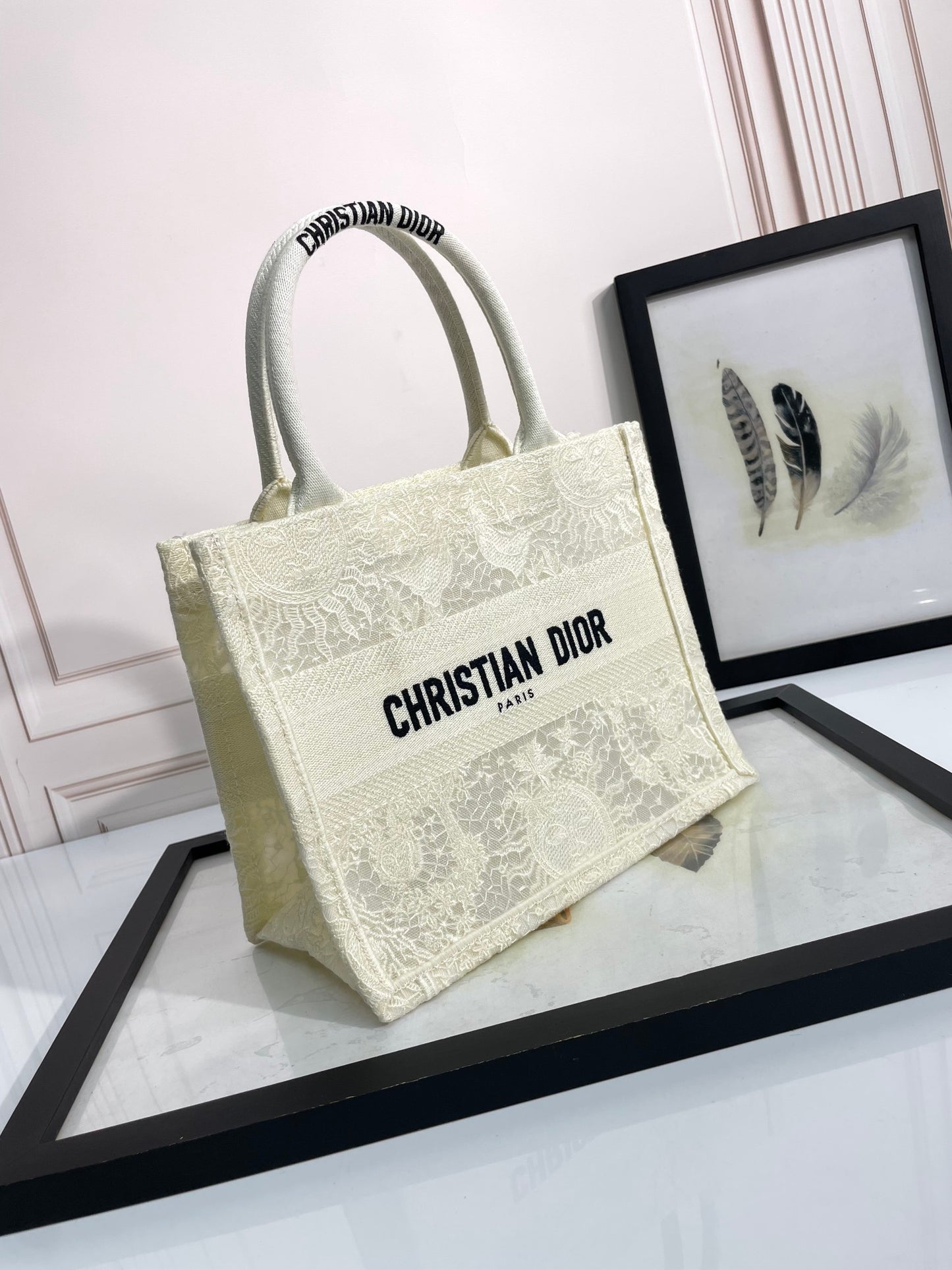 Dior Elegant Cream Floral Embroidered Canvas Handheld Tote Bag