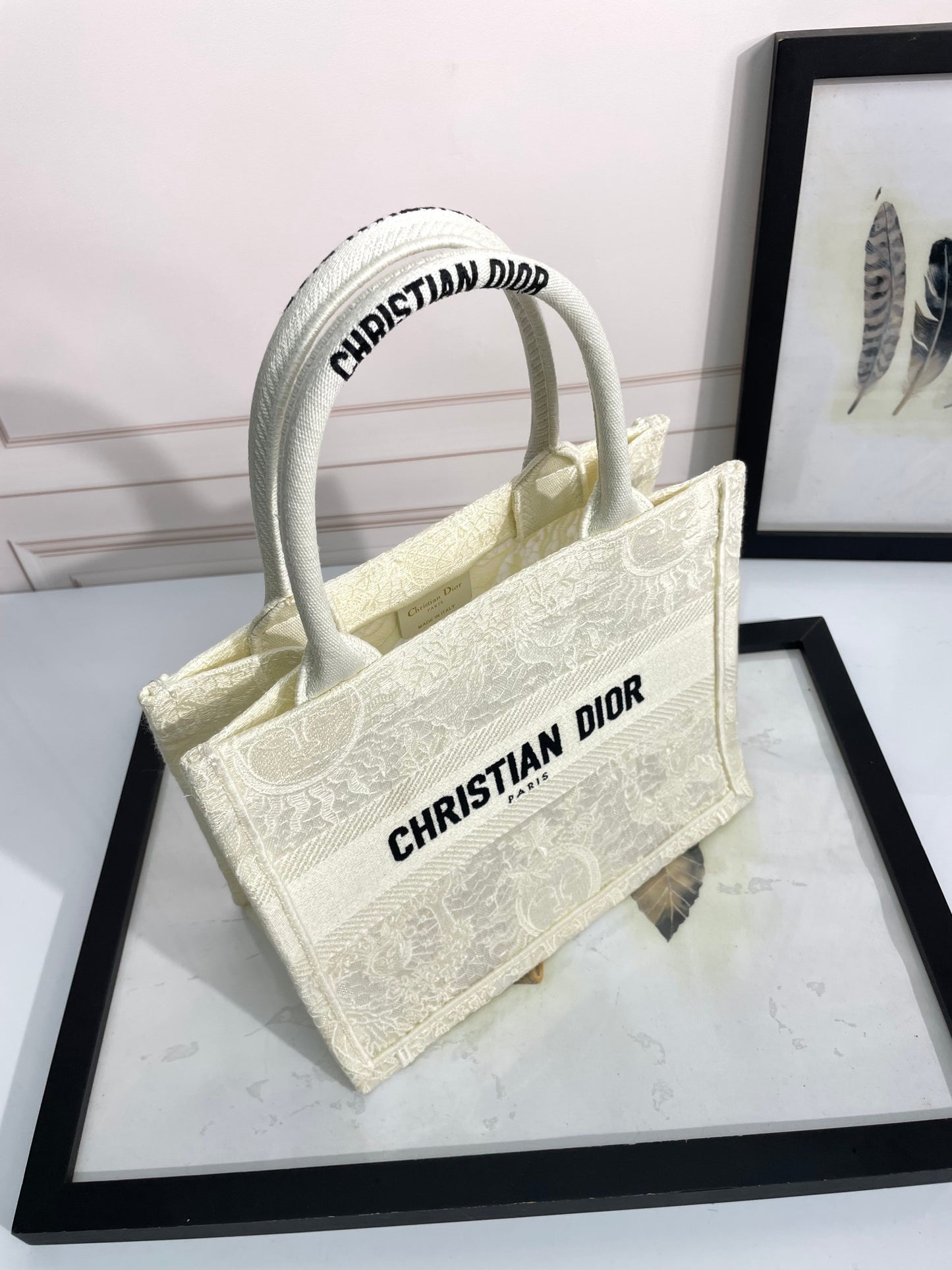 Dior Cream Floral Embroidered Canvas Tote Bag with Top Handles