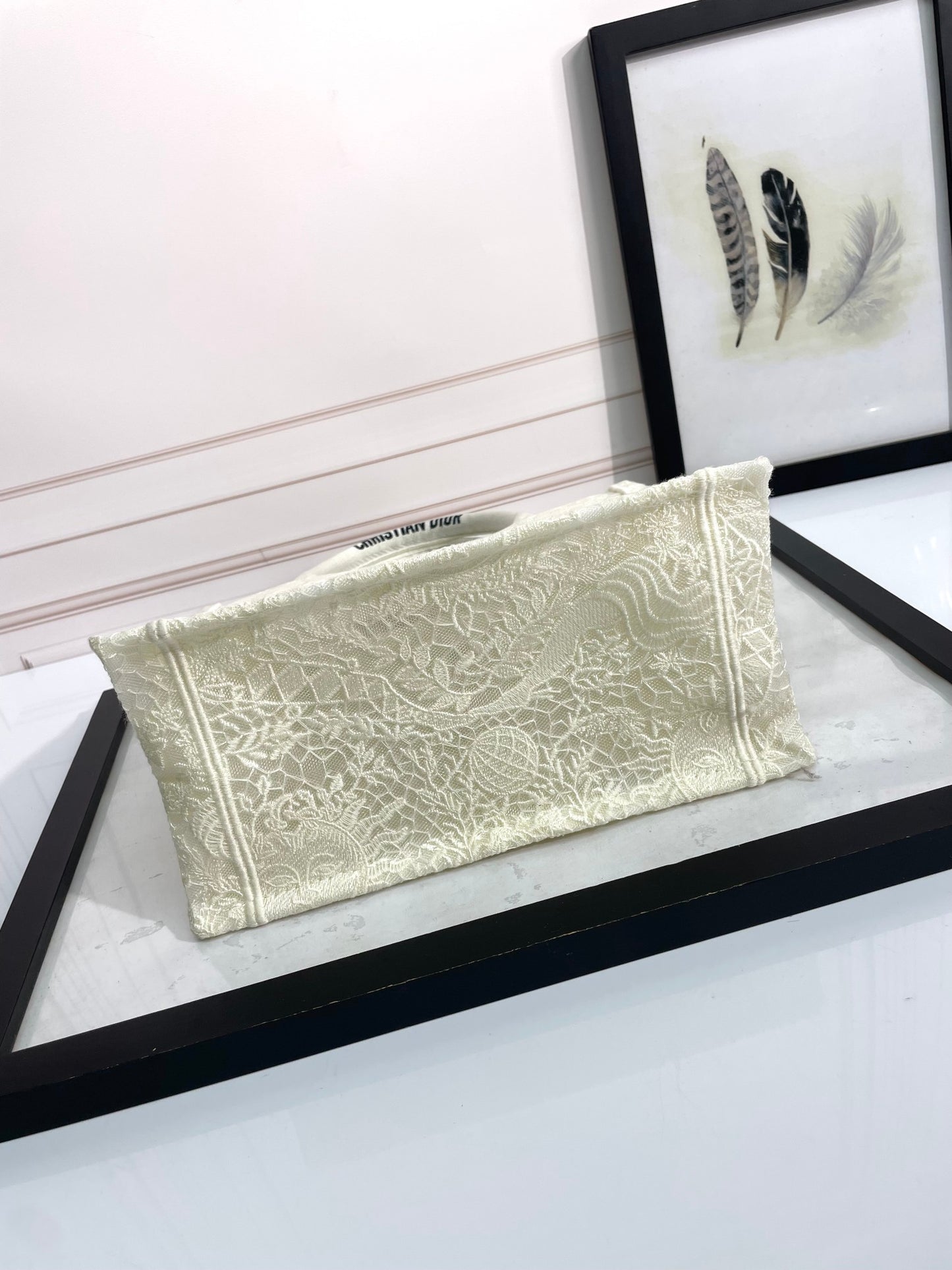 Dior Elegant Cream Floral Embroidered Canvas Handheld Tote Bag