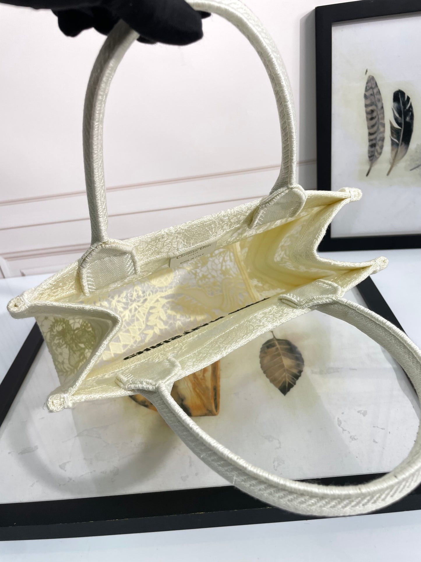 Dior Elegant Cream Floral Embroidered Canvas Handheld Tote Bag
