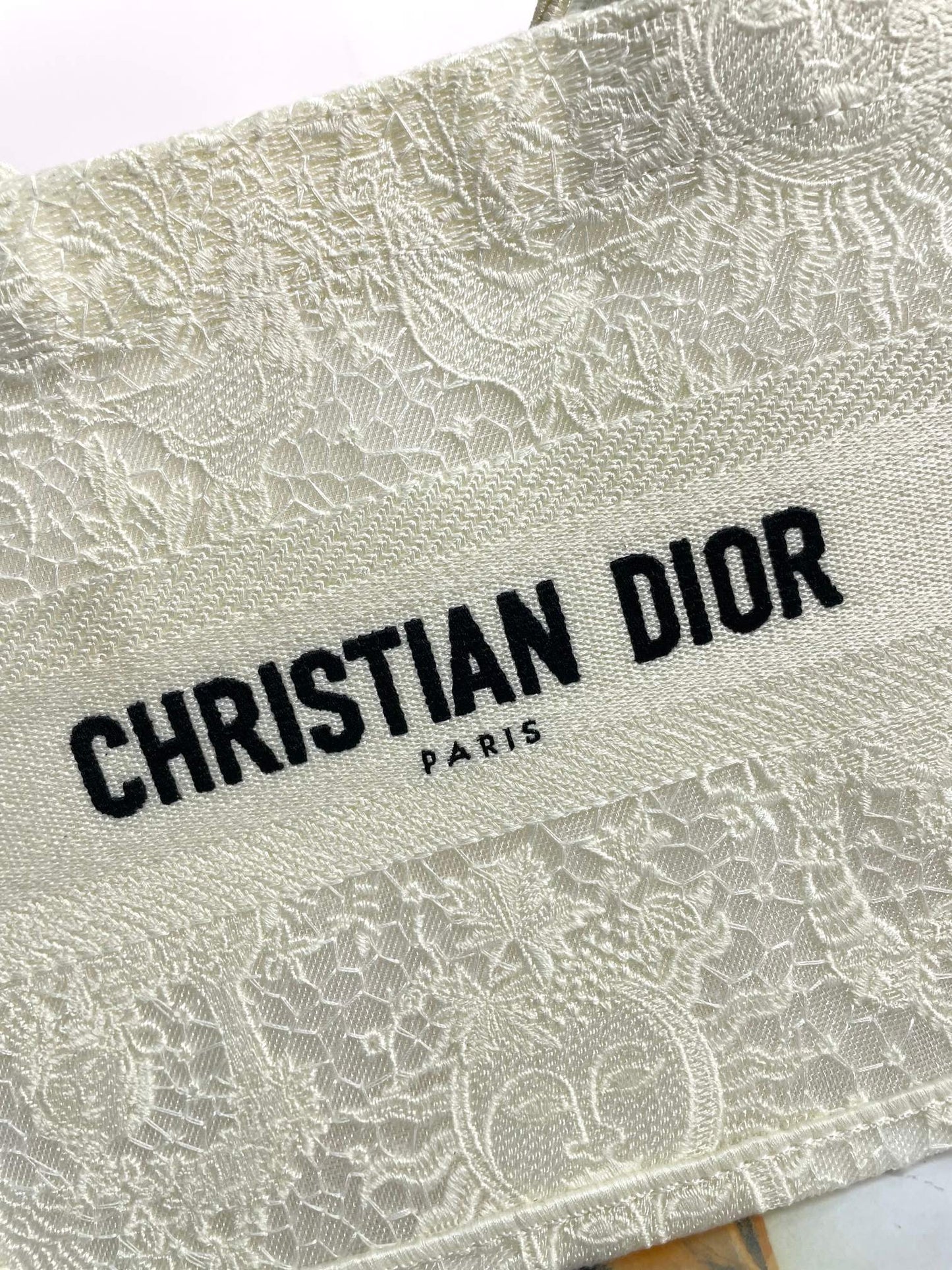 Dior Elegant Cream Floral Embroidered Canvas Handheld Tote Bag