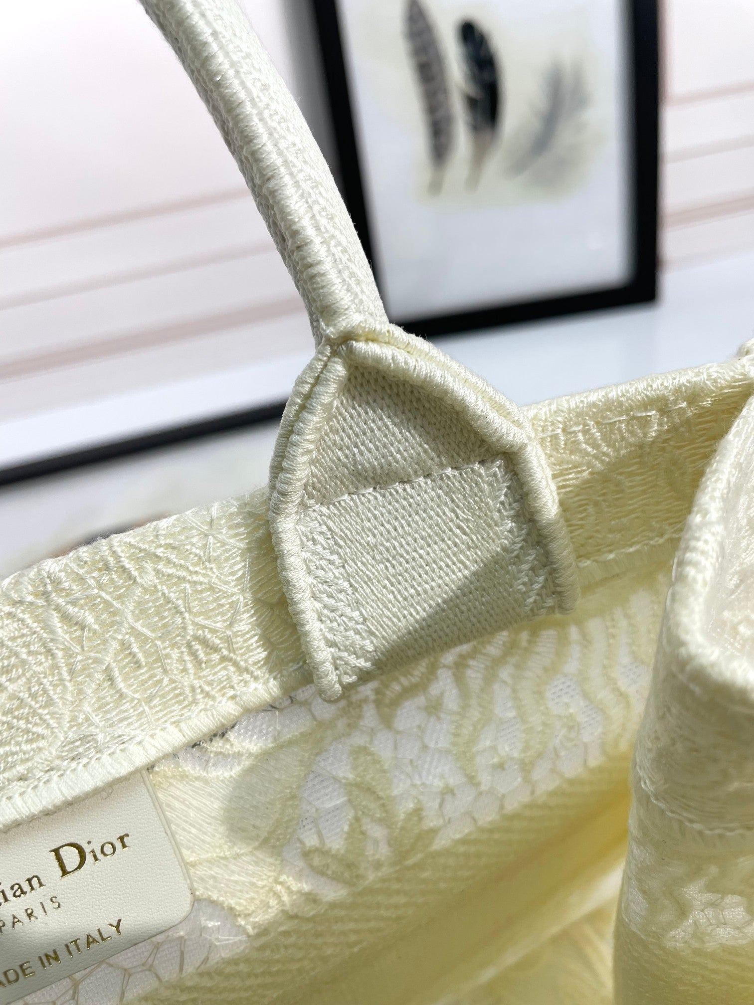 Dior Elegant Cream Floral Embroidered Canvas Handheld Tote Bag