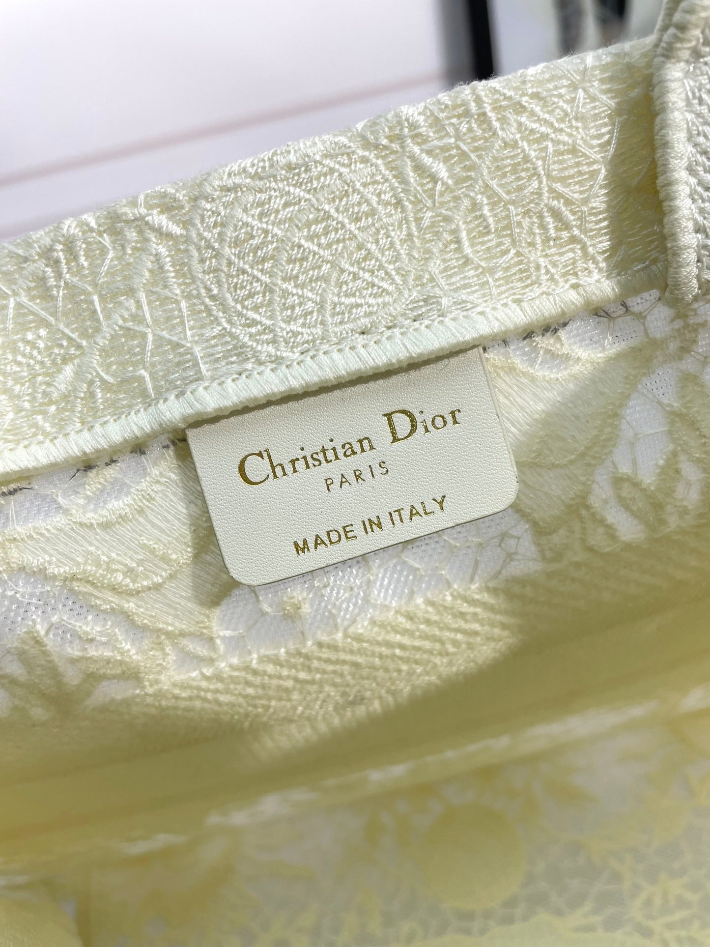 Dior Elegant Cream Floral Embroidered Canvas Handheld Tote Bag