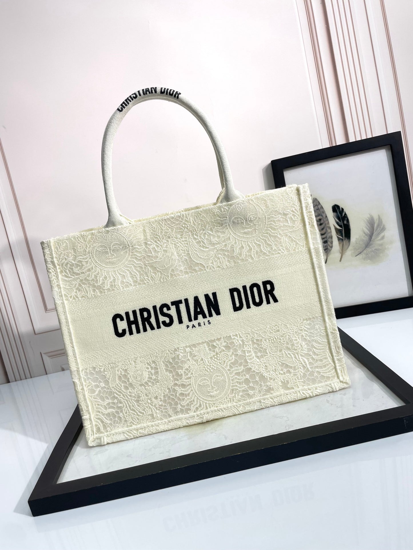 Dior Structured Cream Floral Embroidered Canvas Tote Bag