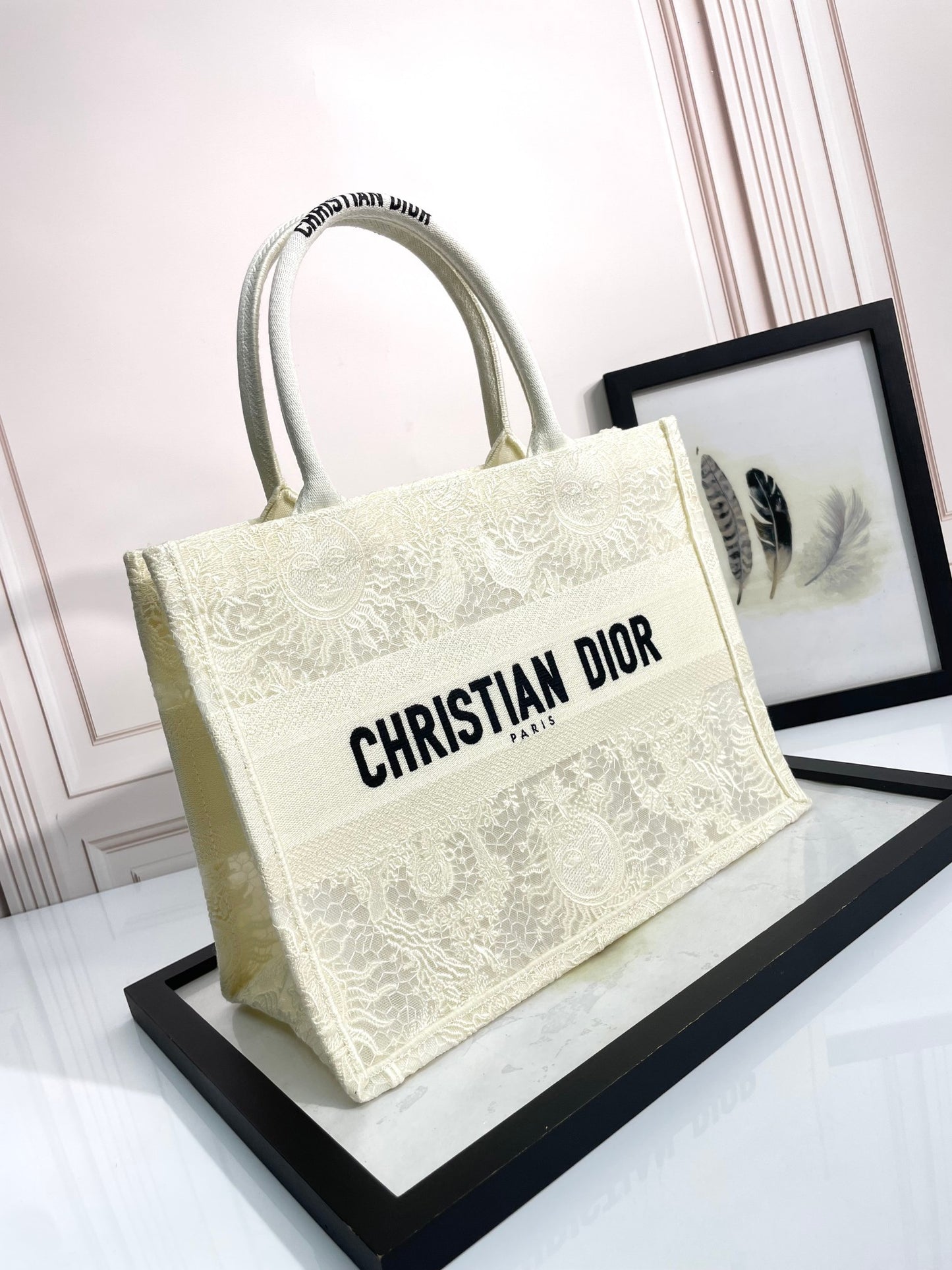 Dior Elegant Beige Embroidered Canvas Tote Bag with Top Handles
