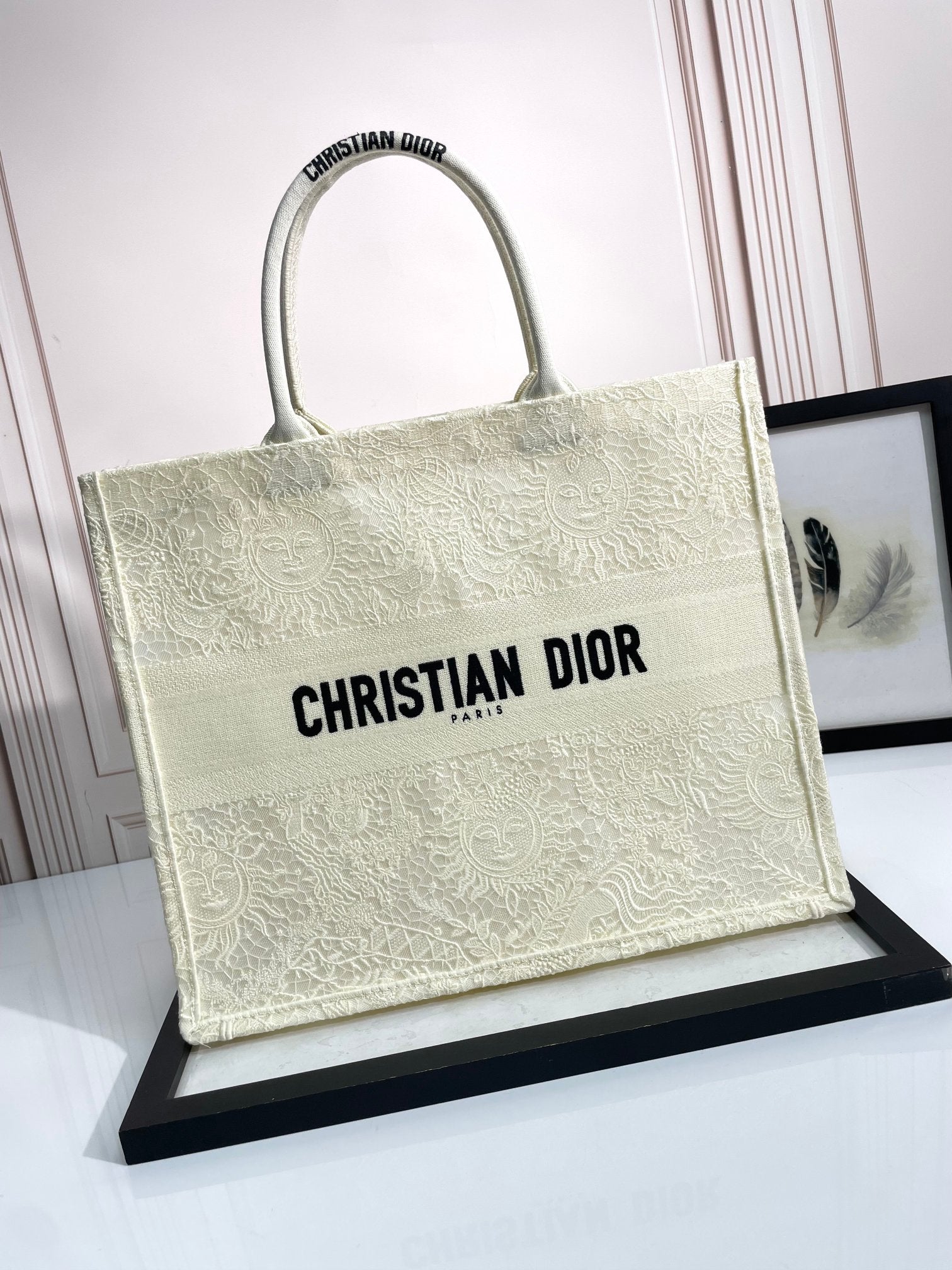 Dior Elegant Off White Embroidered Floral Canvas Tote Handbag