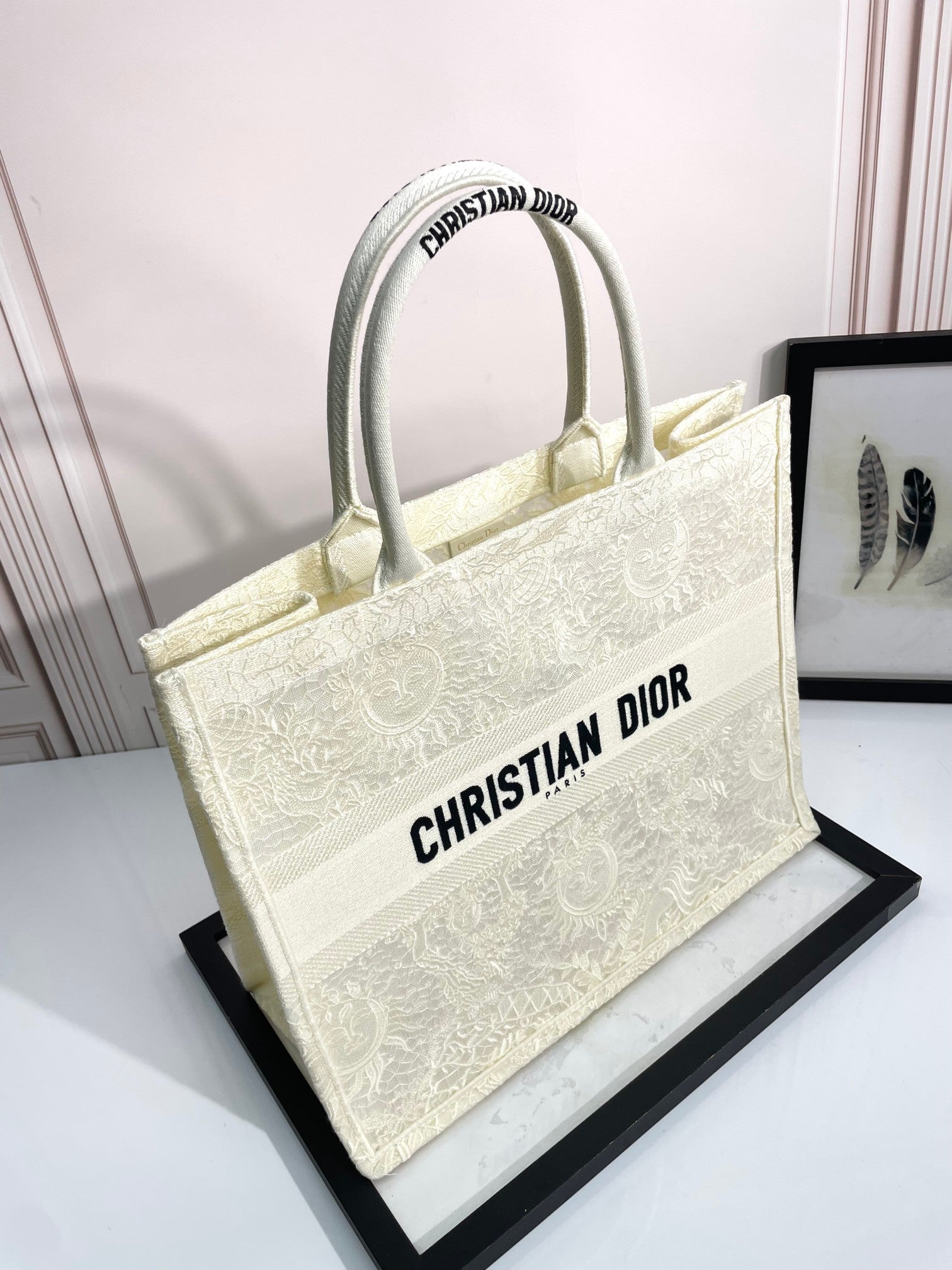Dior Elegant Off White Embroidered Floral Canvas Tote Handbag