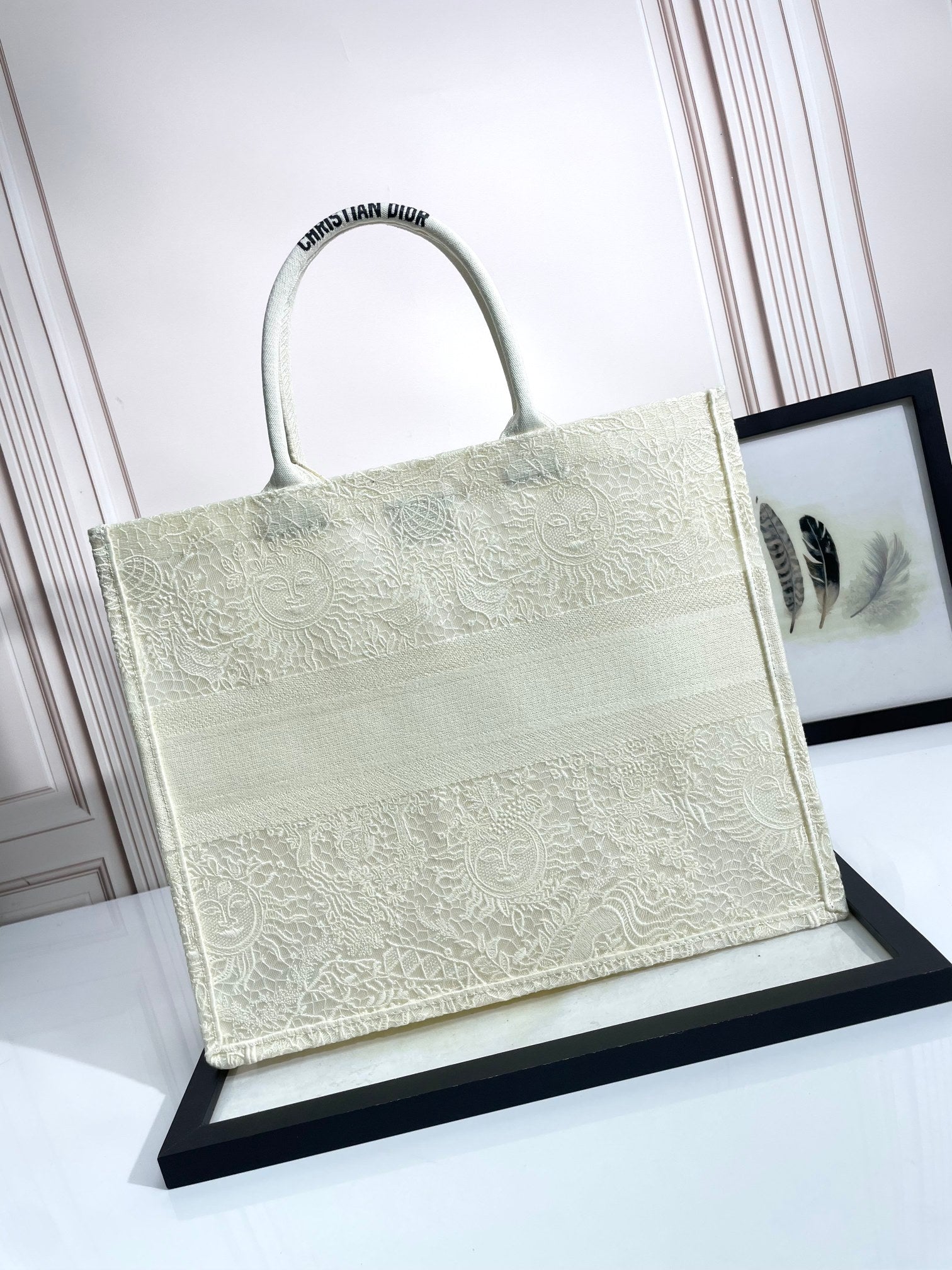 Dior Elegant Beige Embroidered Canvas Tote Bag with Top Handles