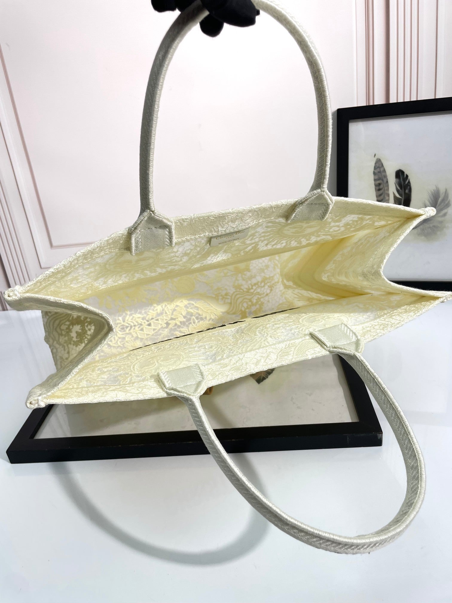 Dior Elegant Beige Embroidered Canvas Tote Bag with Top Handles